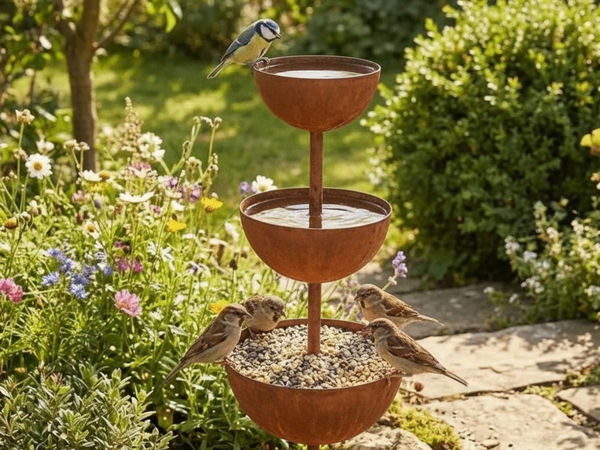 Birds perched on a rustic three-tier water and seed station