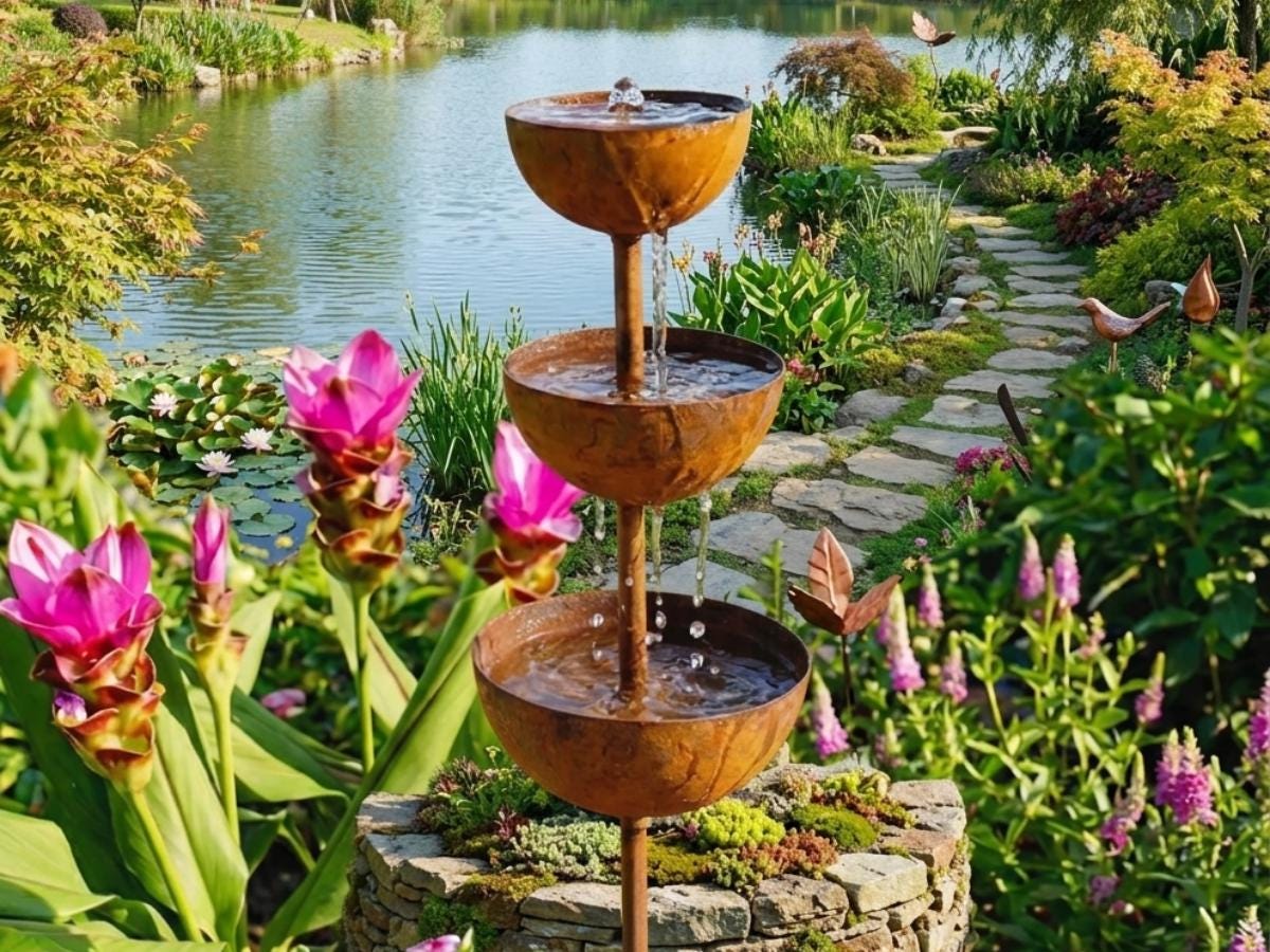 Three-tier rust metal rain catcher stake beside a garden pond