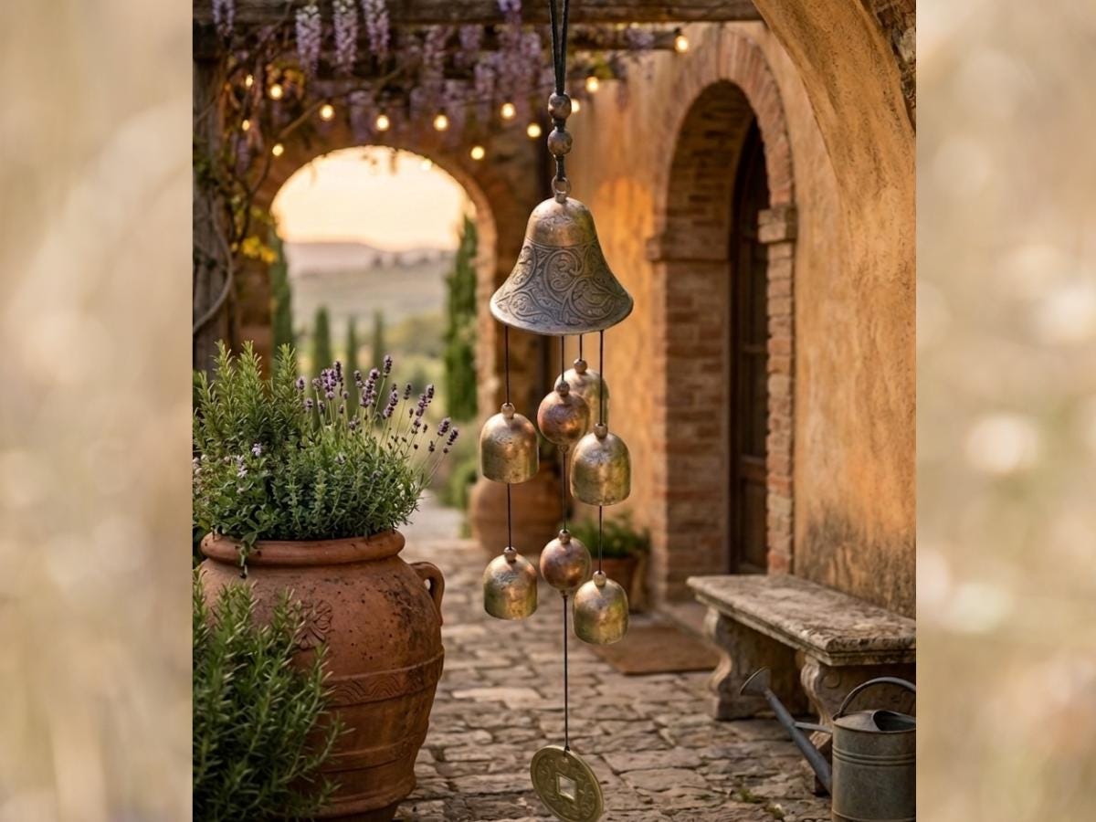 Copper bell and ceramic wind catcher chime beneath a stone arch