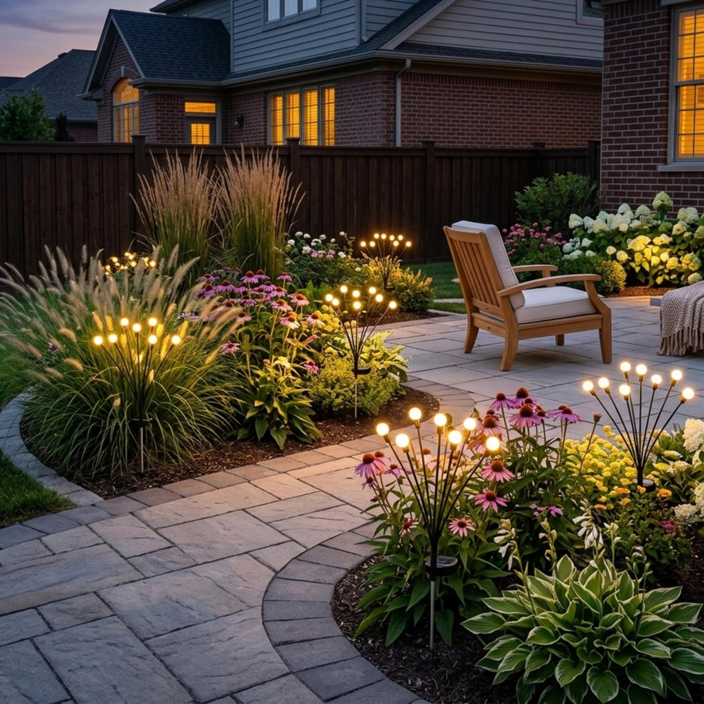 Swaying warm-white solar garden lights around a curved patio bed