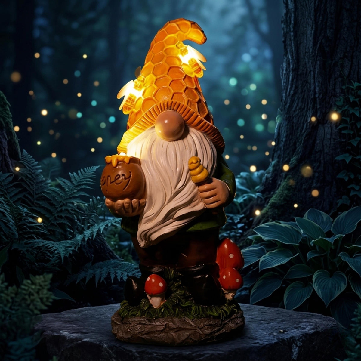 Solar beehive gnome glowing on a dark garden ledge