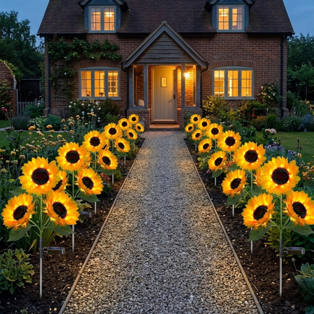 Solar sunflower lights lining a front walkway to a house at dusk