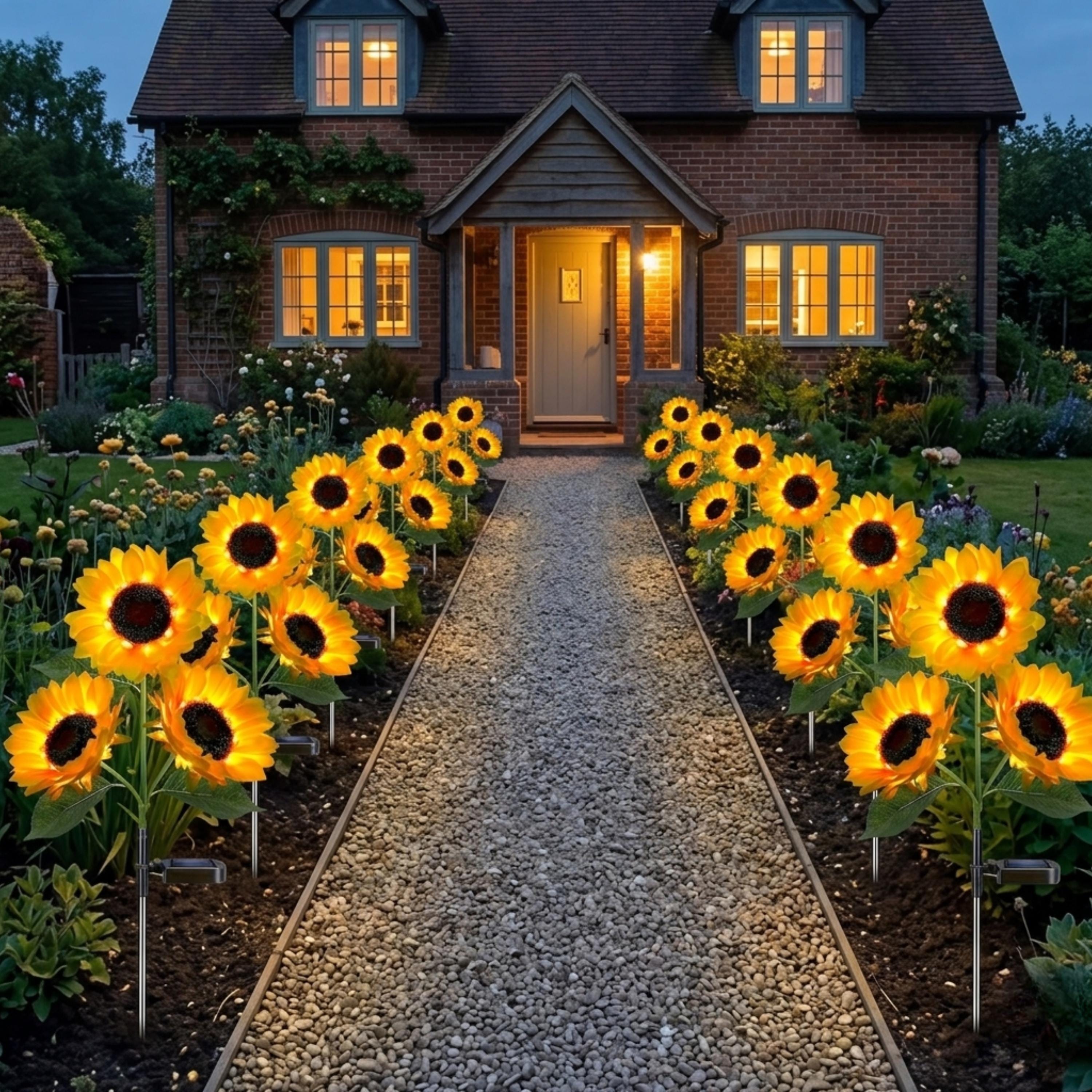 Solar sunflower lights lining a front walkway to a house at dusk