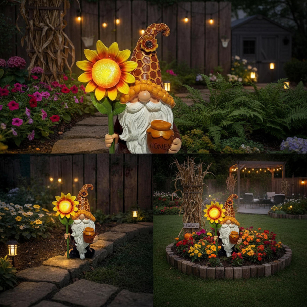 Sunflower solar gnome displayed along garden paths at night