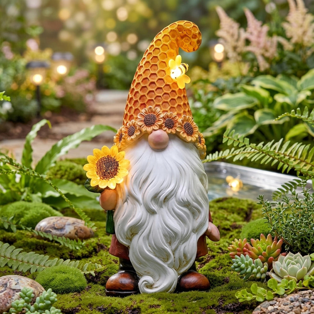 Solar gnome with sunflower and honeycomb hat among green plants