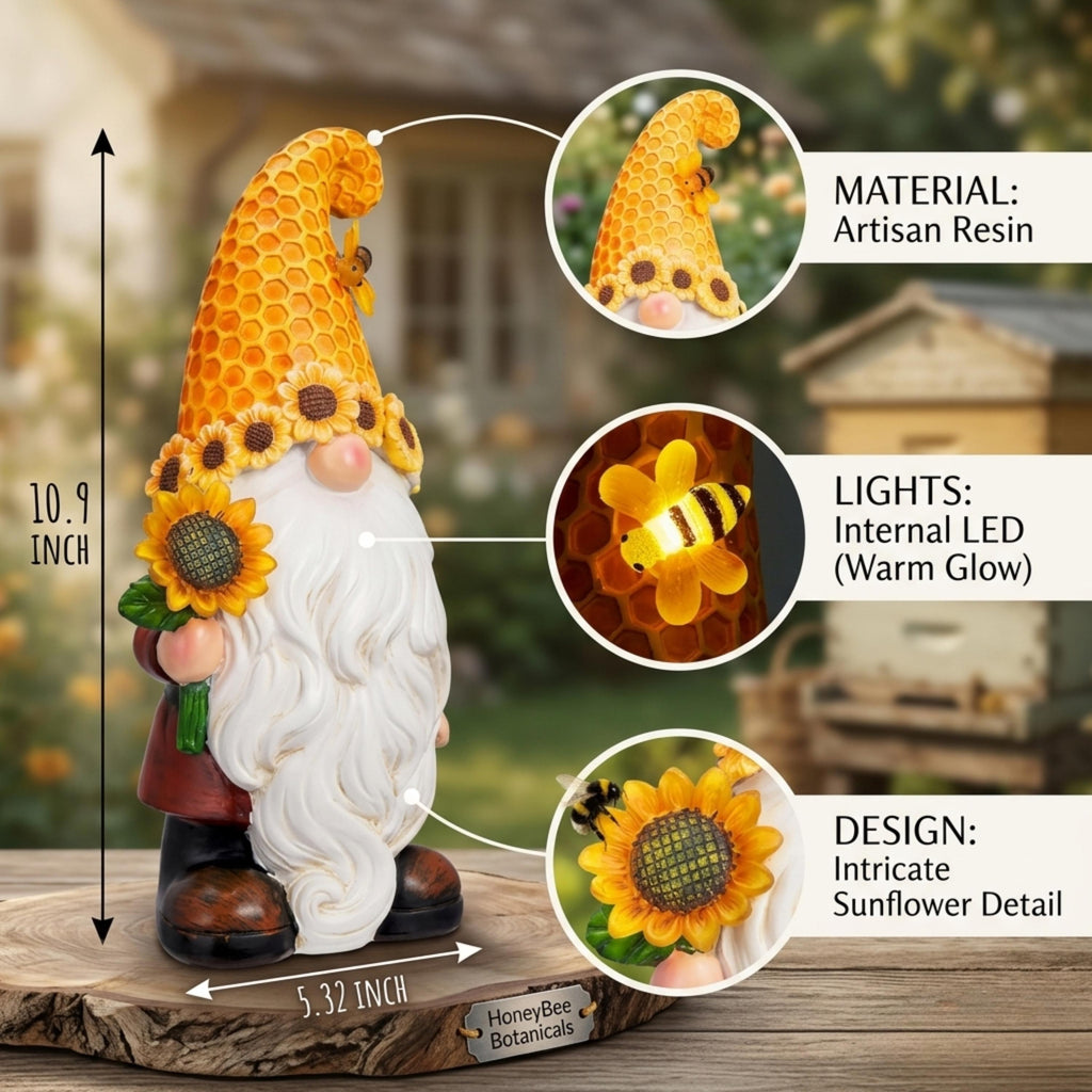 Size and material guide for 10.9-inch solar sunflower gnome