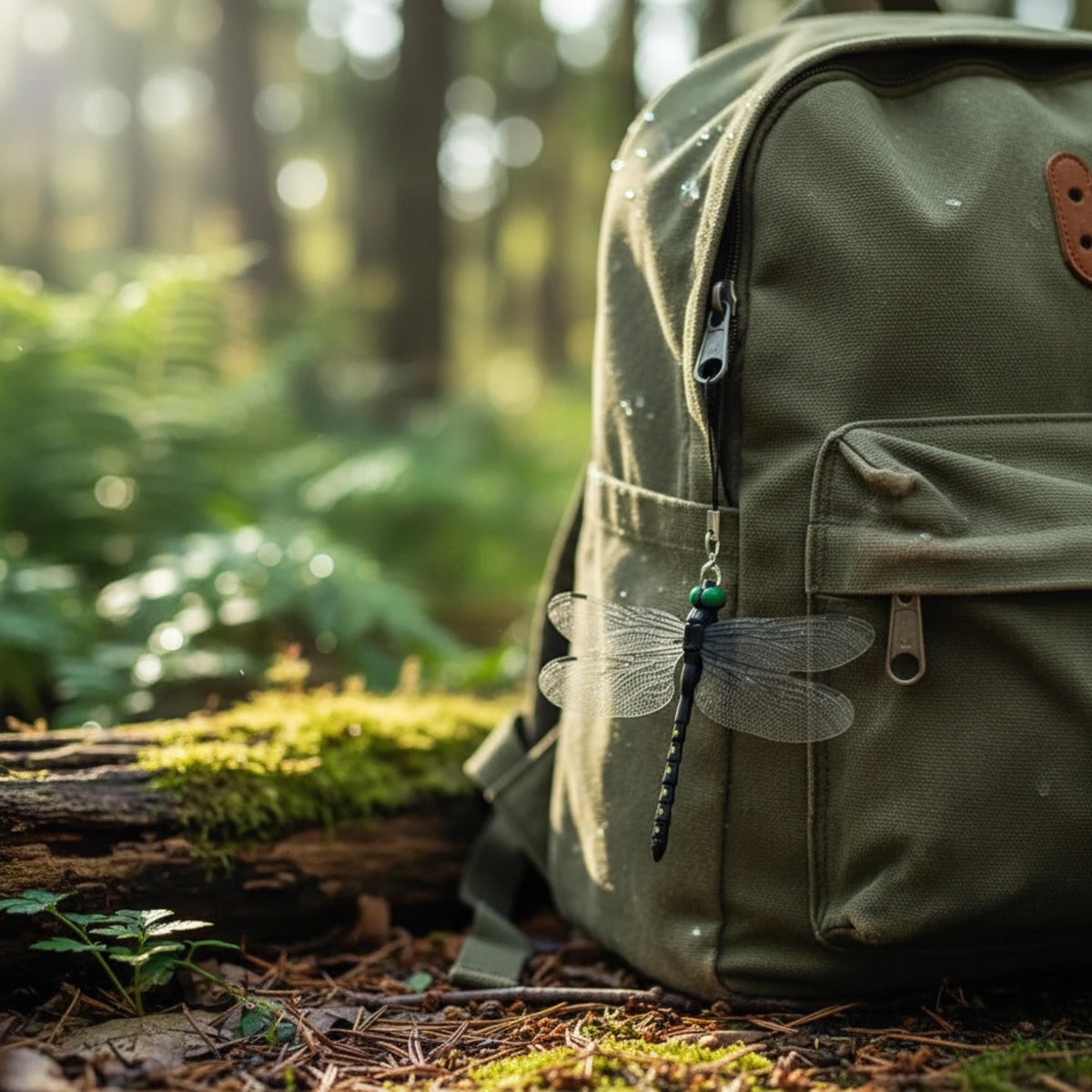 Dragonfly charm attached to a green hiking backpack in a woodland setting