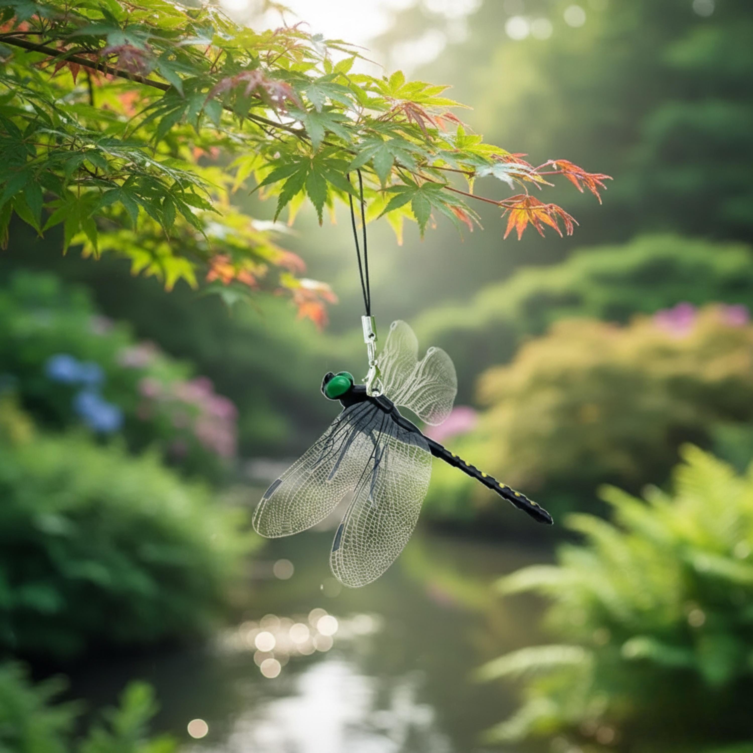 Realistic dragonfly ornament hanging from a tree branch over a garden pond