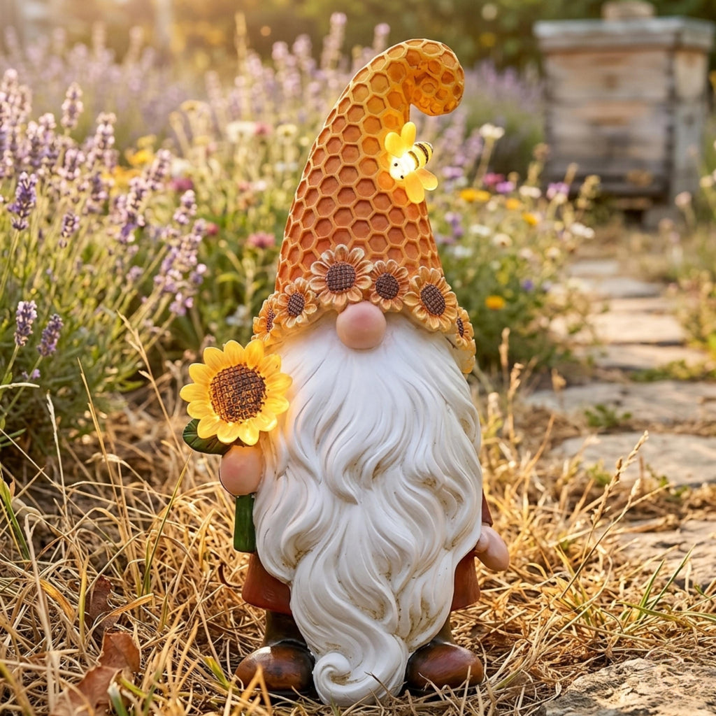 Sunflower gnome with honeycomb hat in a sunny flower bed