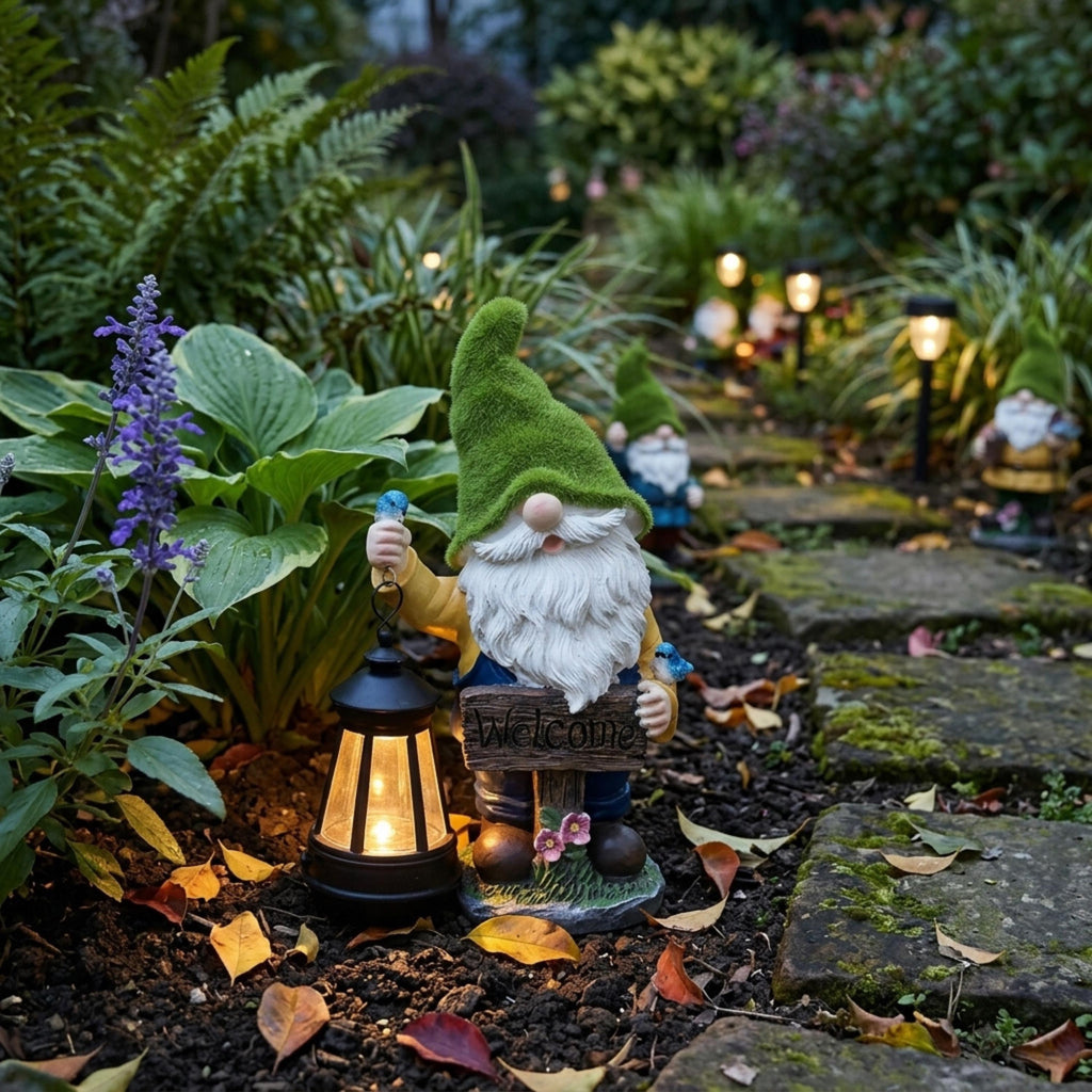 Welcome garden gnome and illuminated lantern beside a stone walkway