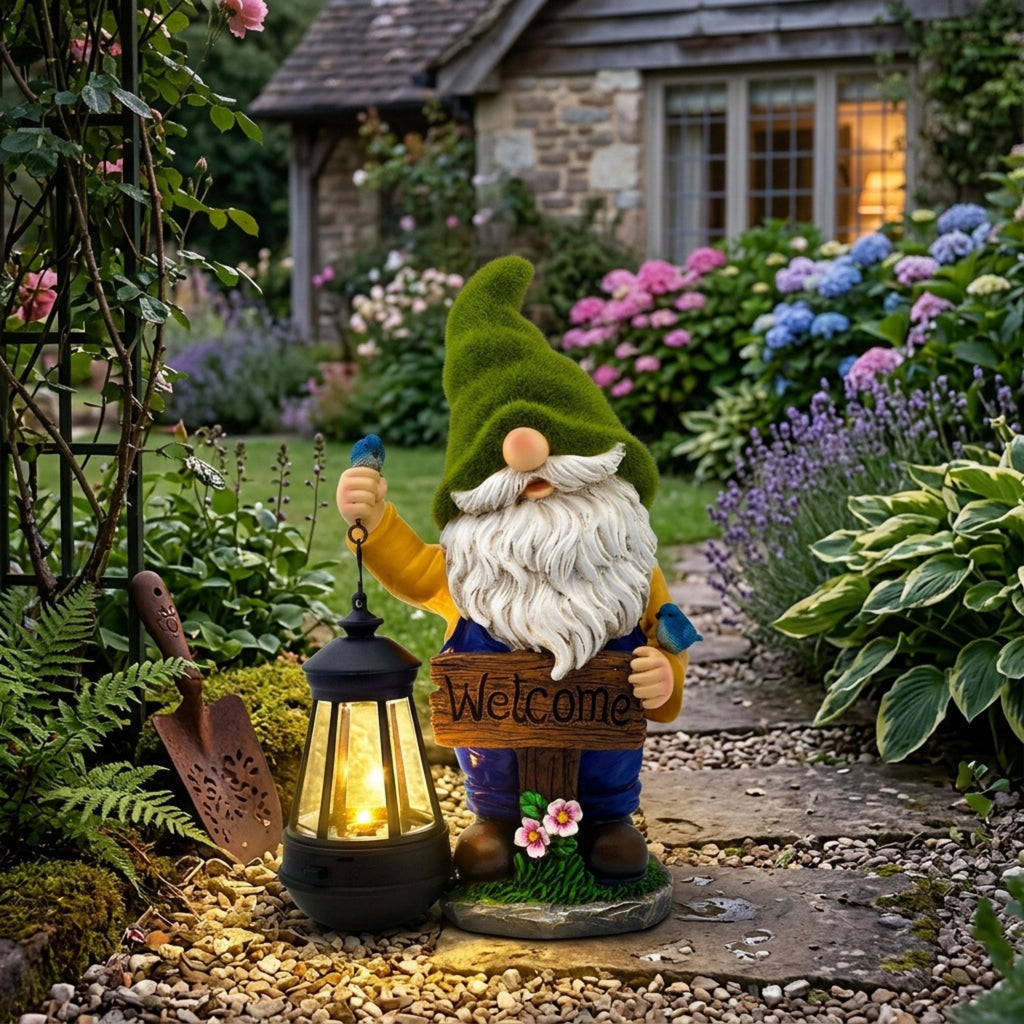 Solar gnome lantern statue near a cottage garden entrance