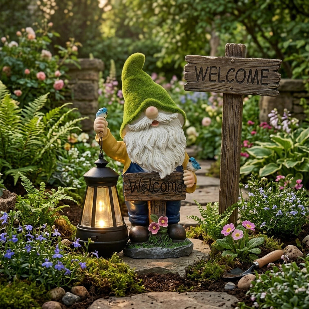 Solar lantern gnome with welcome sign displayed among garden flowers