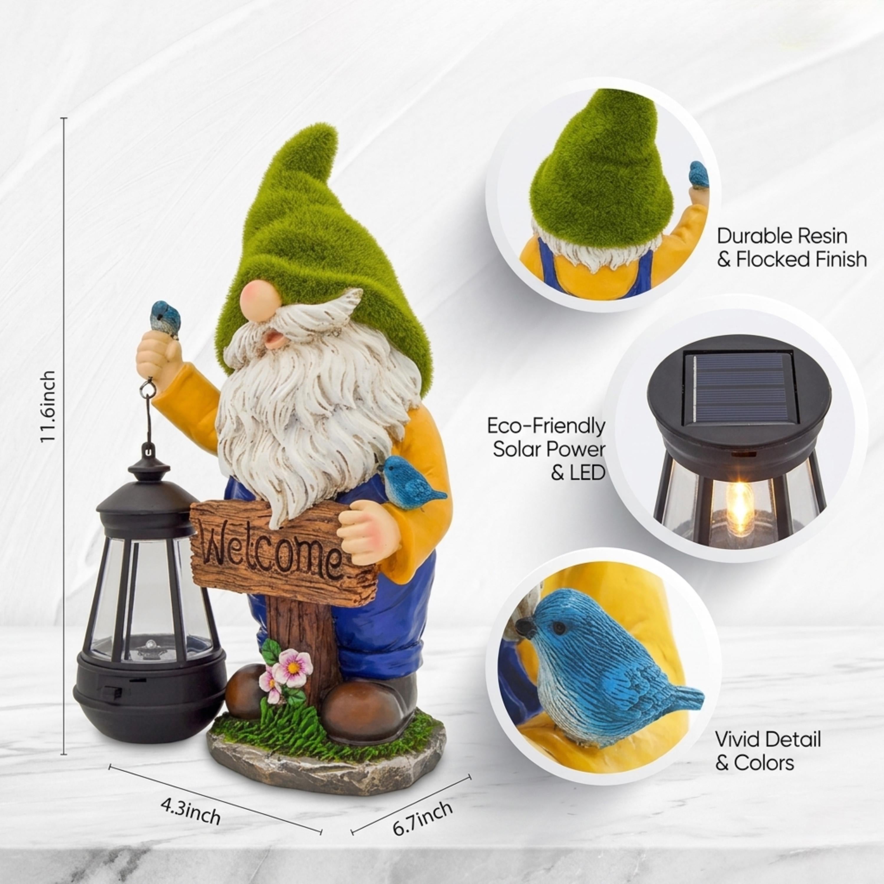 Size and feature guide for solar welcome gnome with lantern