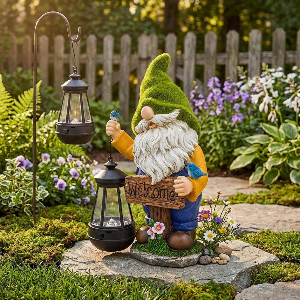 Solar welcome gnome statue displayed beside a garden path