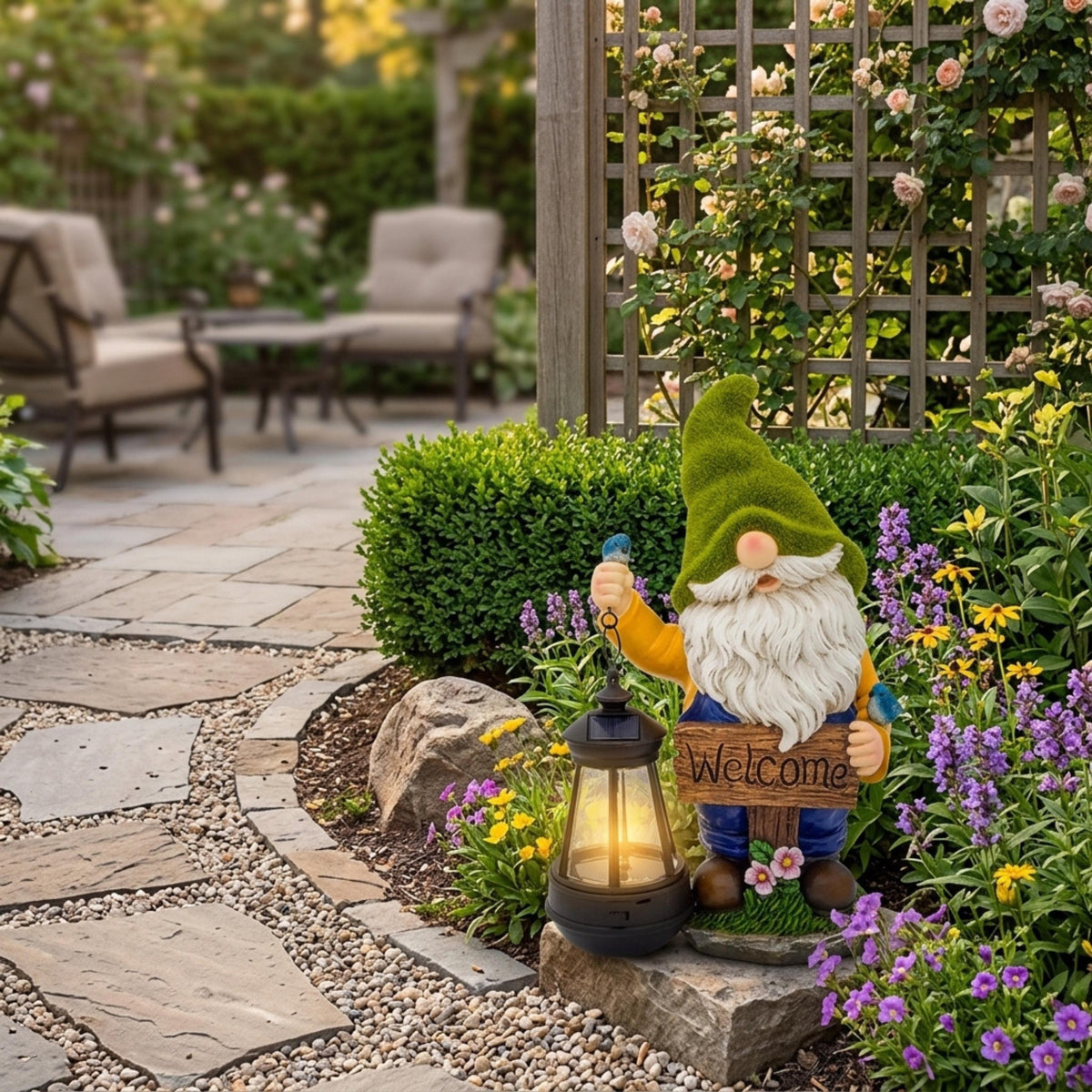Lighted solar garden gnome accent beside a patio walkway