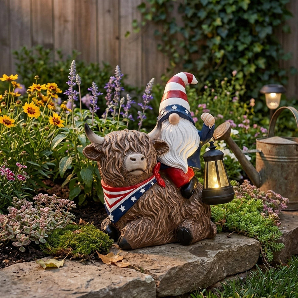 Red white and blue gnome and Highland cow statue in a garden bed