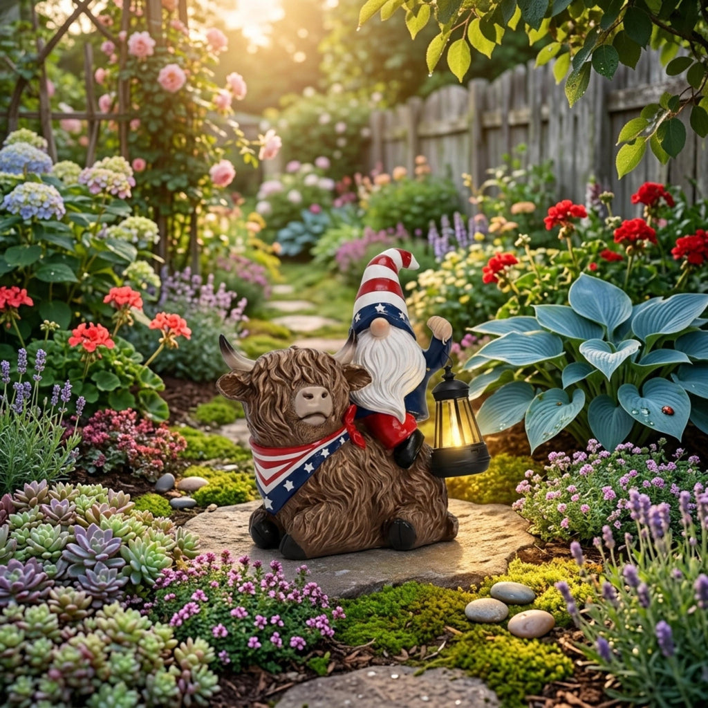 Patriotic Highland cow garden statue among colorful flowers