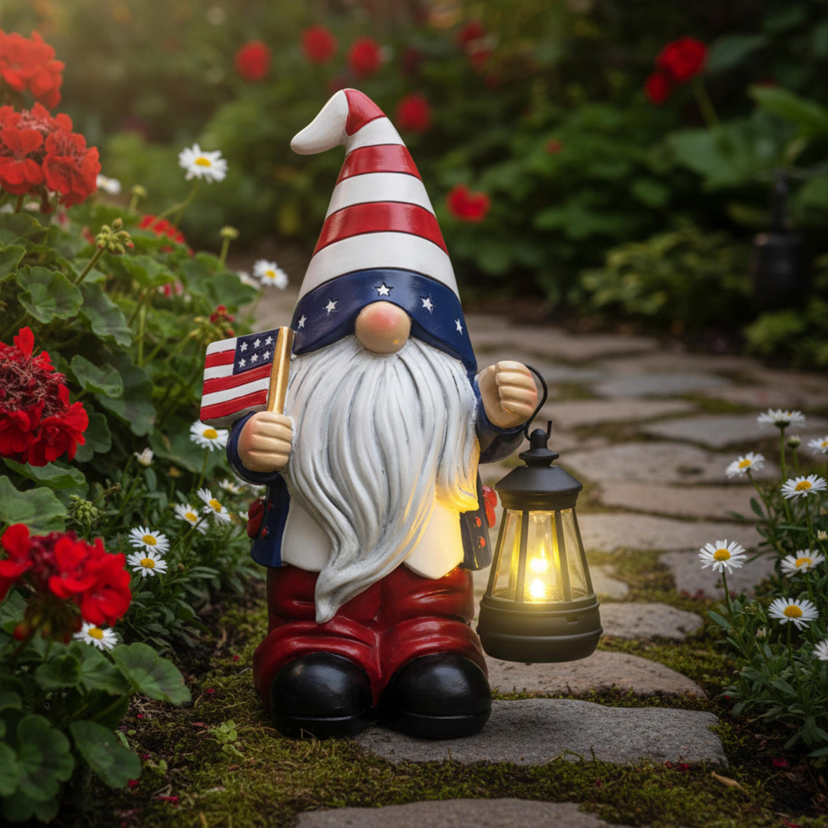 Patriotic solar garden gnome glowing beside a stone path