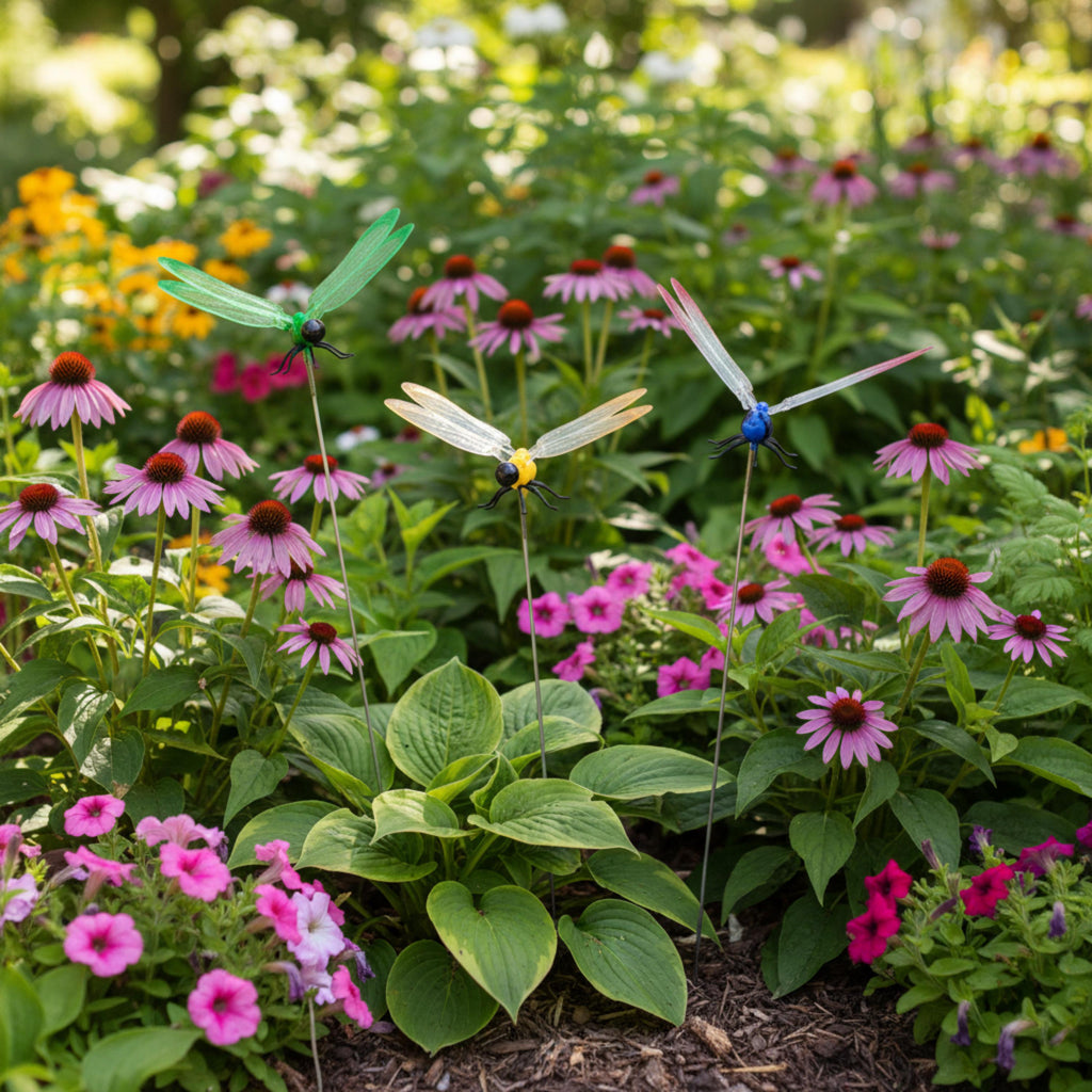 Dragonfly garden stakes hovering above coneflowers and pink blooms