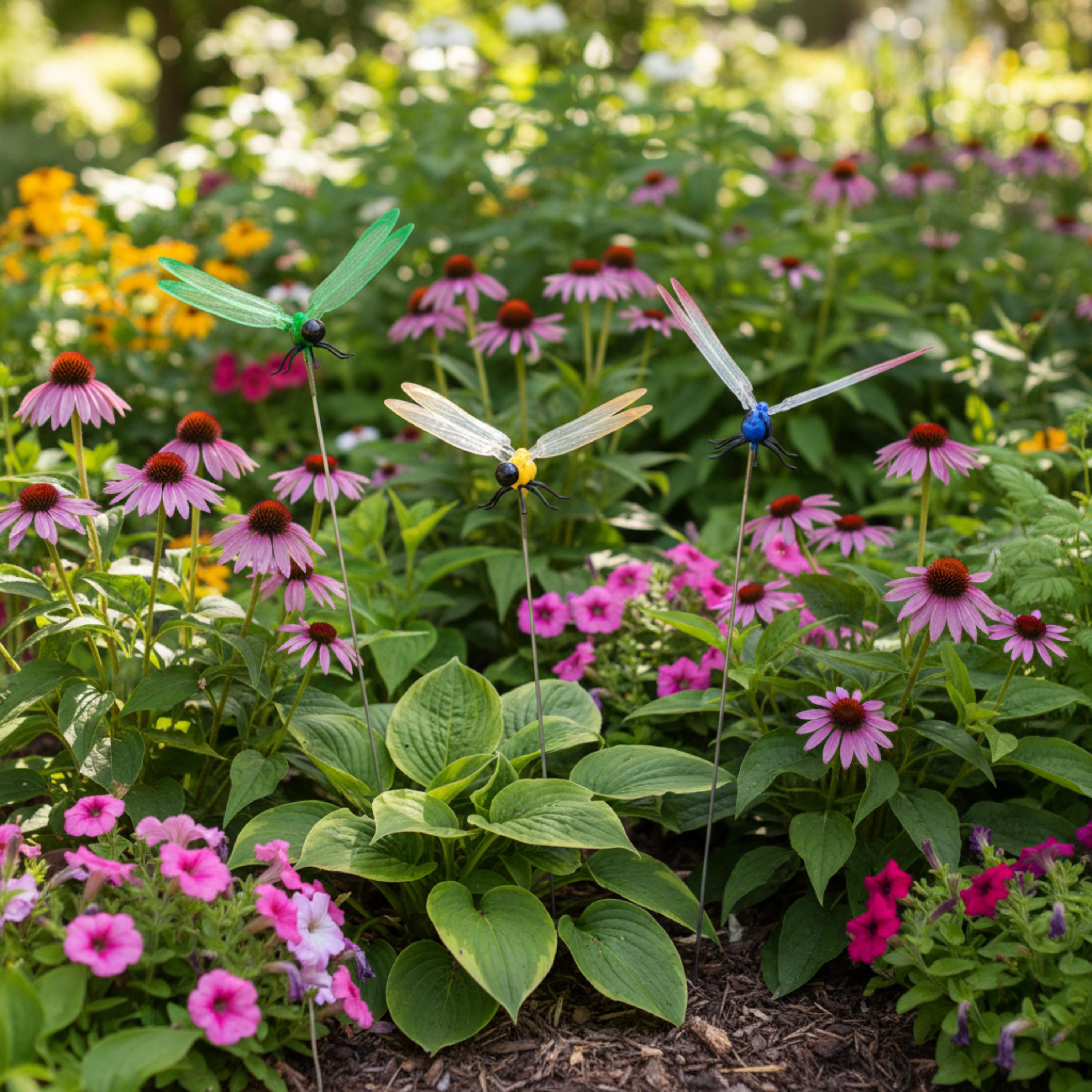 Dragonfly garden stakes hovering above coneflowers and pink blooms