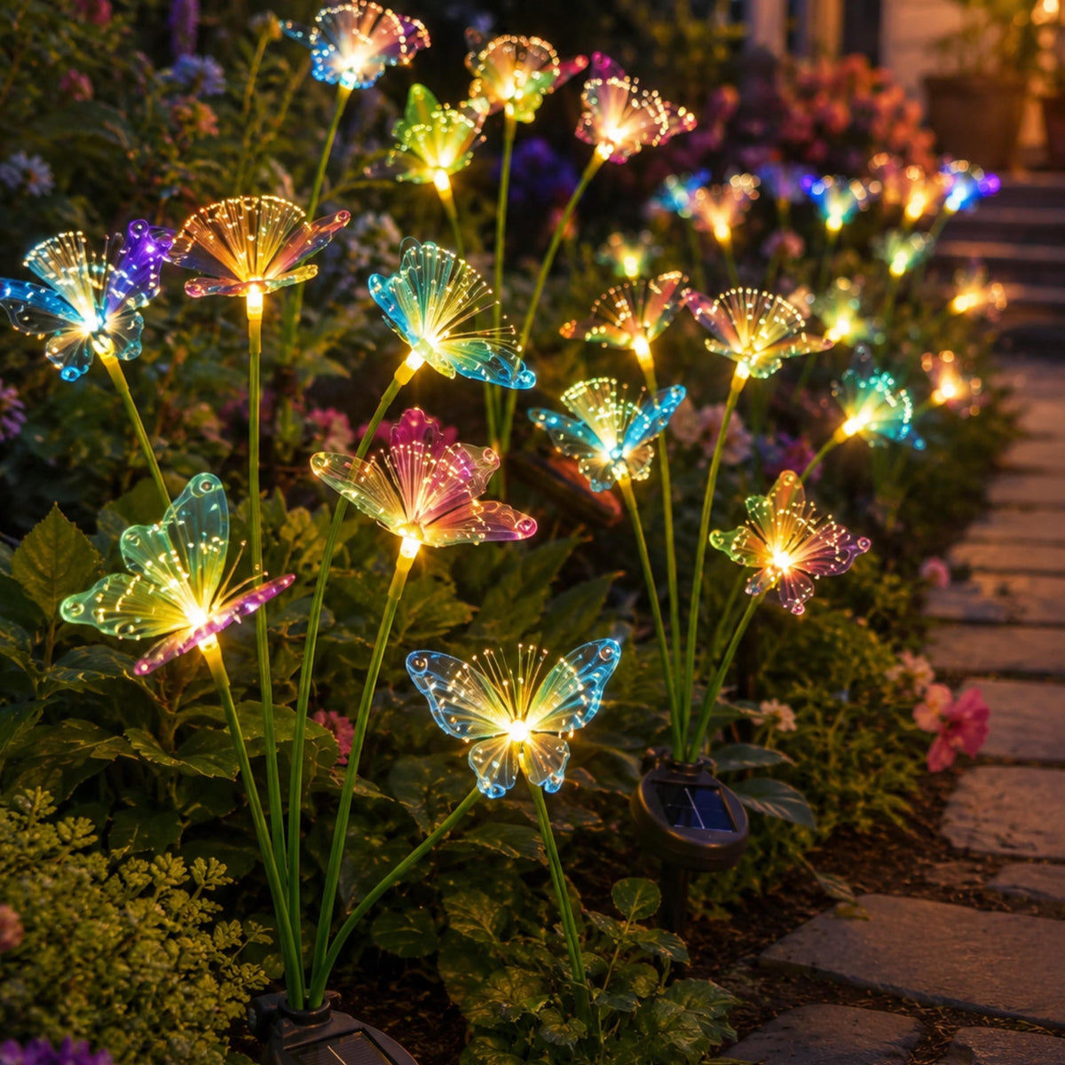 Multicolor fiber optic butterfly solar lights glowing beside a garden path