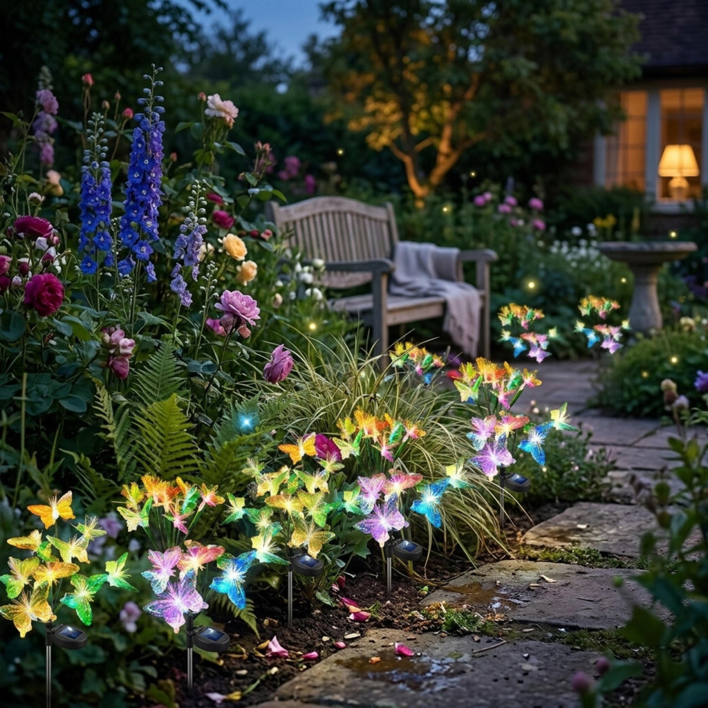 Colorful butterfly solar lights brightening a cottage garden walkway