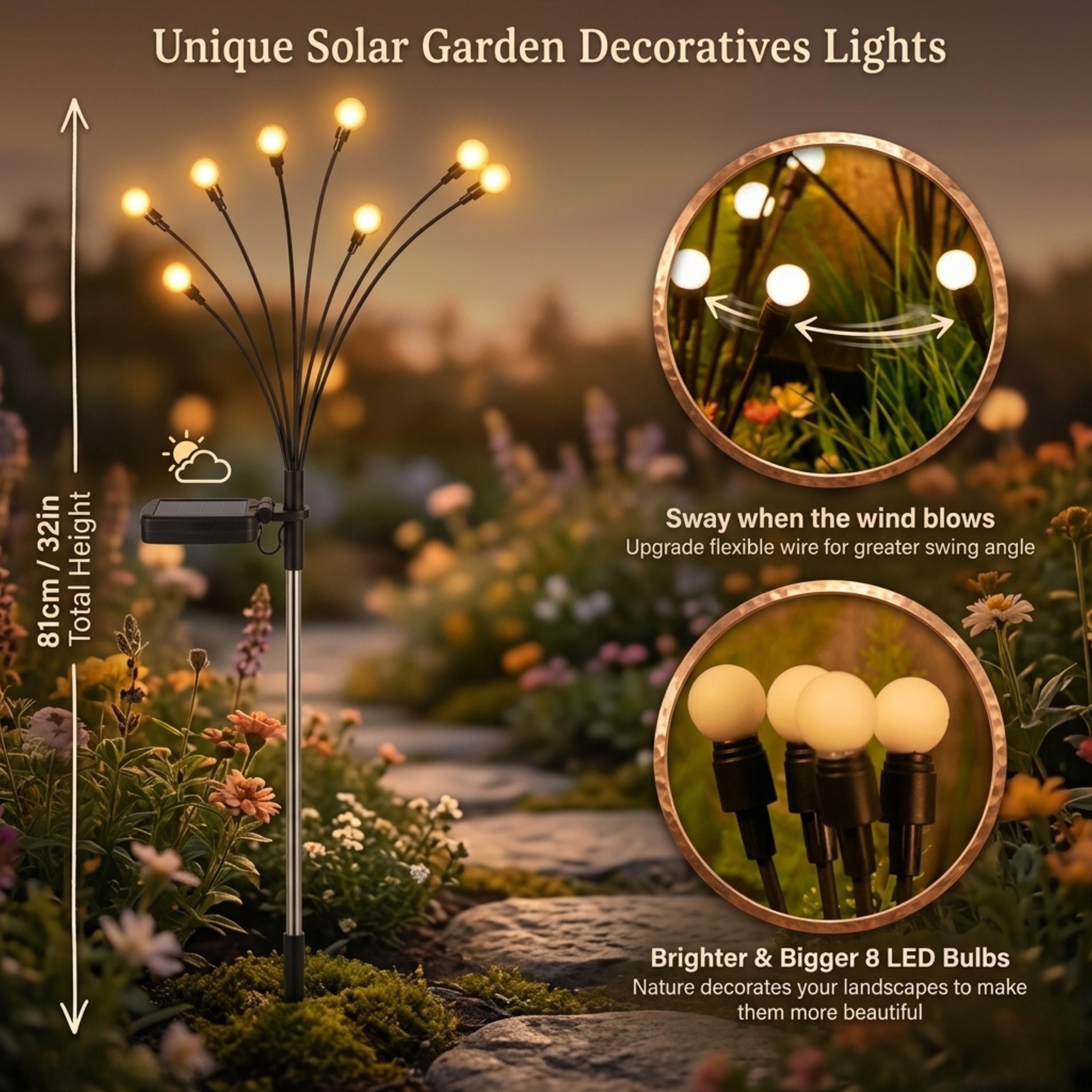Size and feature guide for eight-globe swaying solar stake light