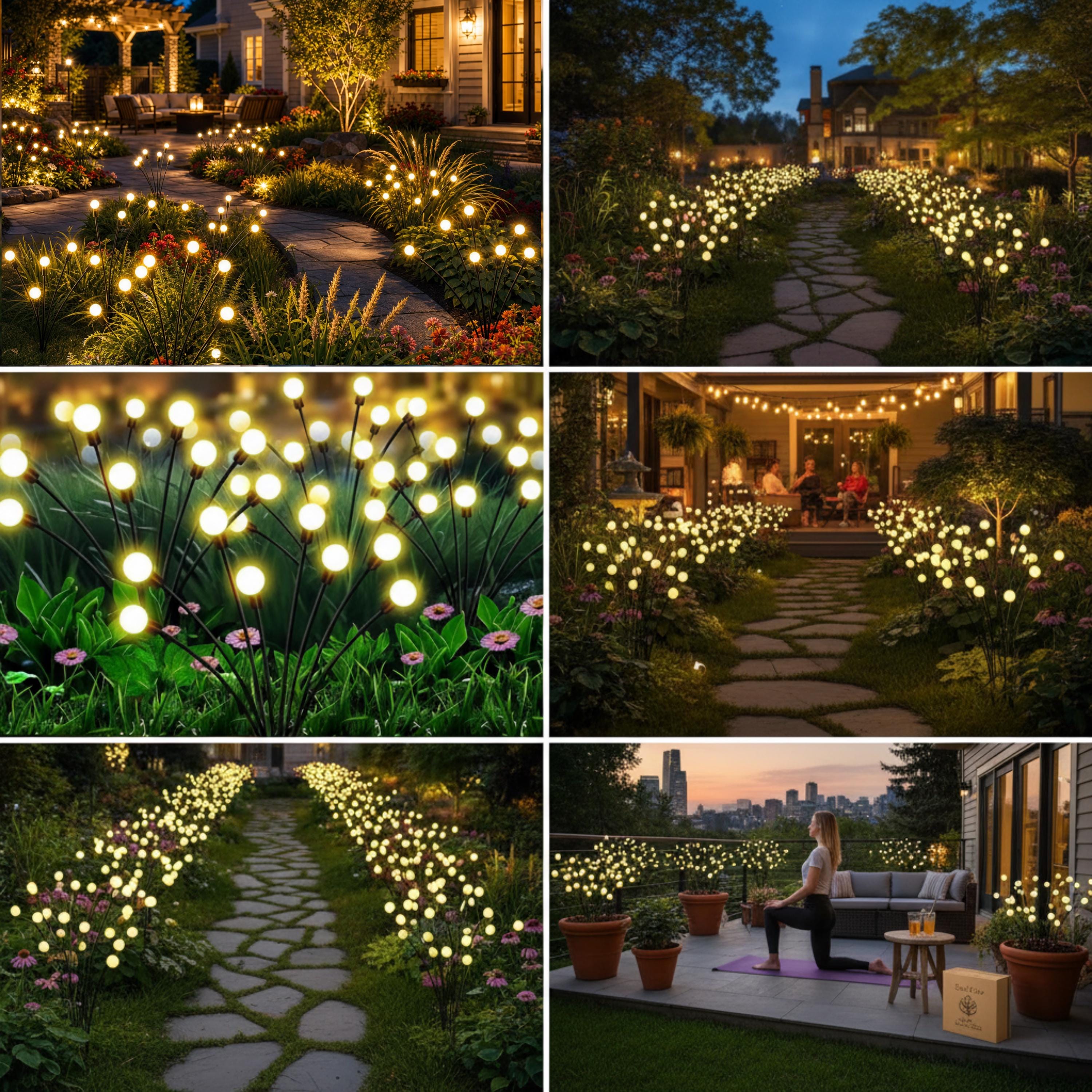 Collage of swaying solar stake lights along paths and flower beds