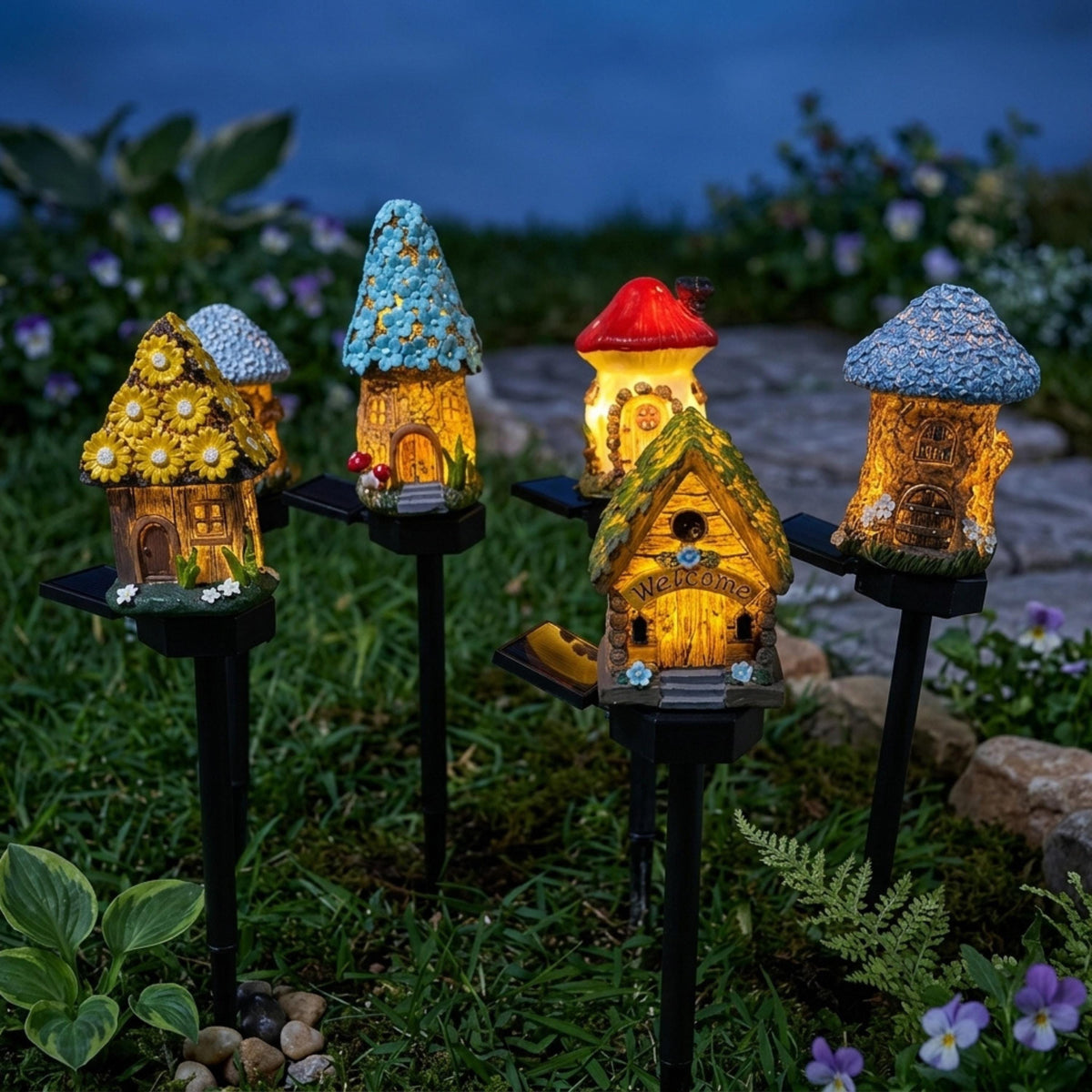 Solar mushroom house lights glowing among garden plants