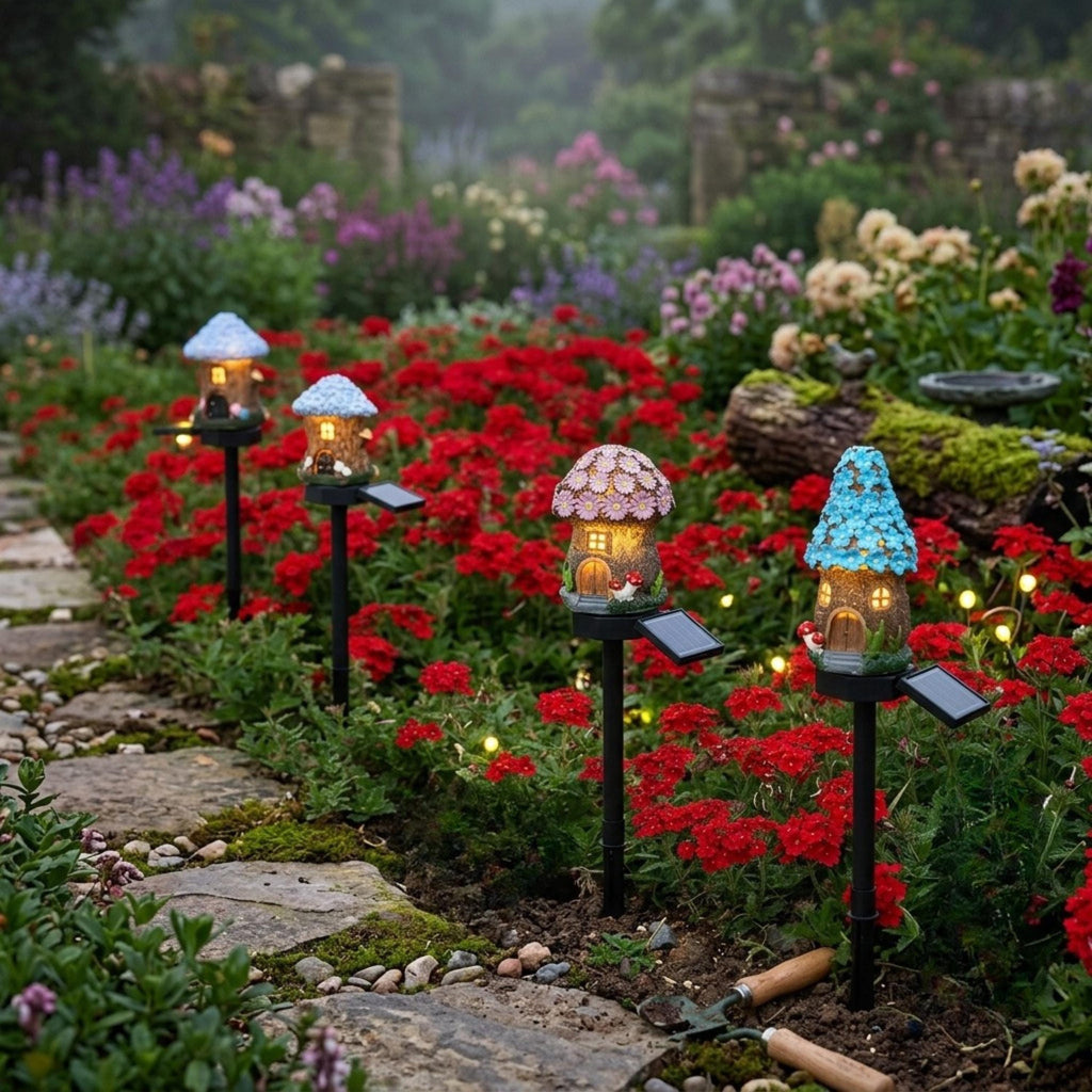Four solar mushroom house lights displayed among red flowers