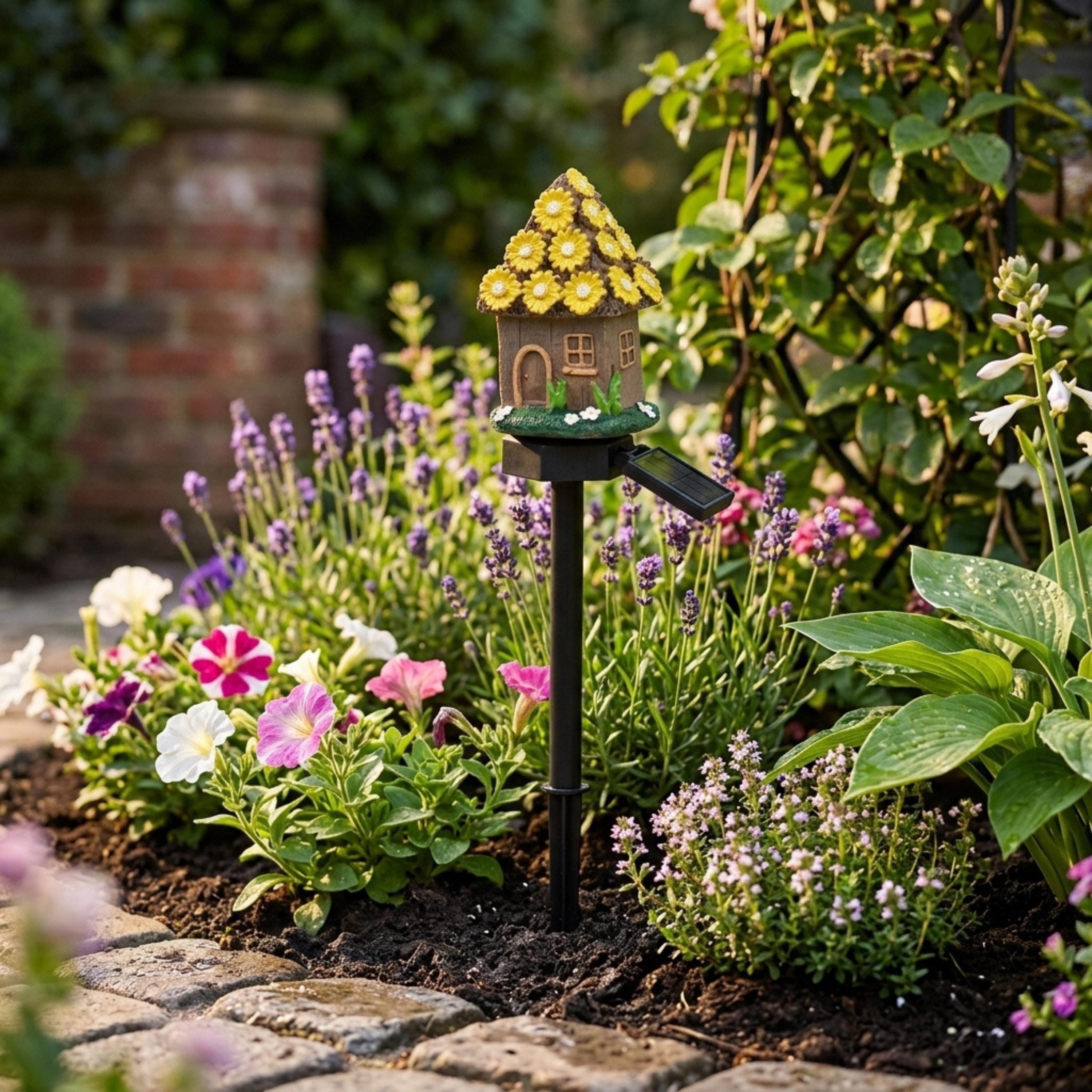 Yellow sunflower-roof solar fairy house stake among colorful plants
