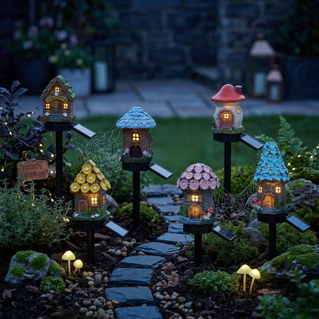 Six solar fairy house lights illuminating a mini path at dusk