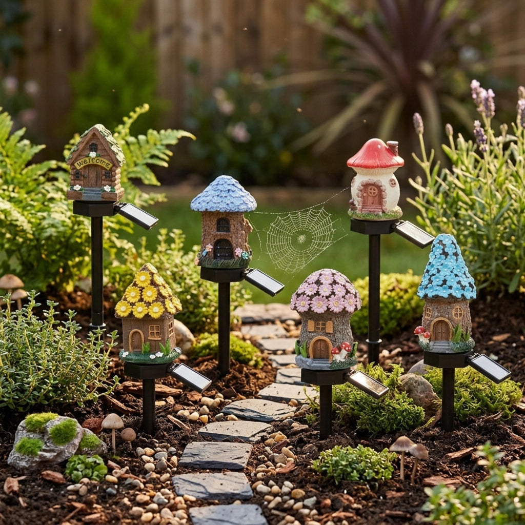 Six solar fairy house lights displayed along a miniature path