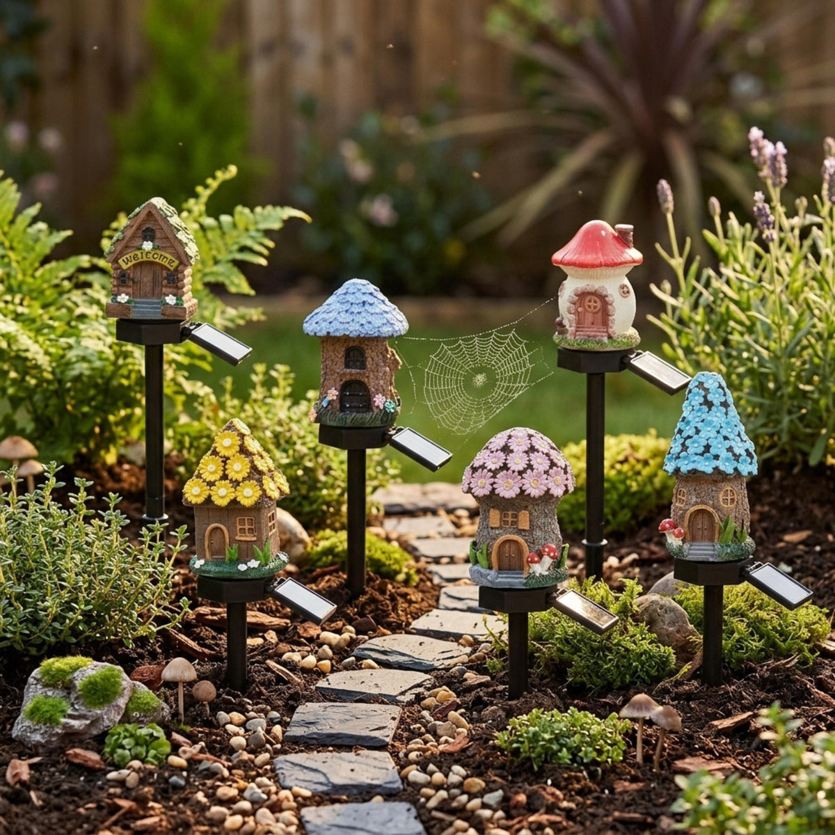 Six solar fairy house lights displayed along a miniature path