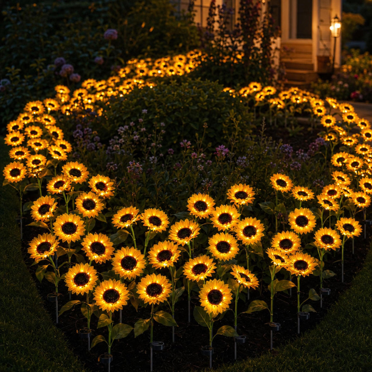 Large display of glowing solar sunflower lights in a circular garden bed