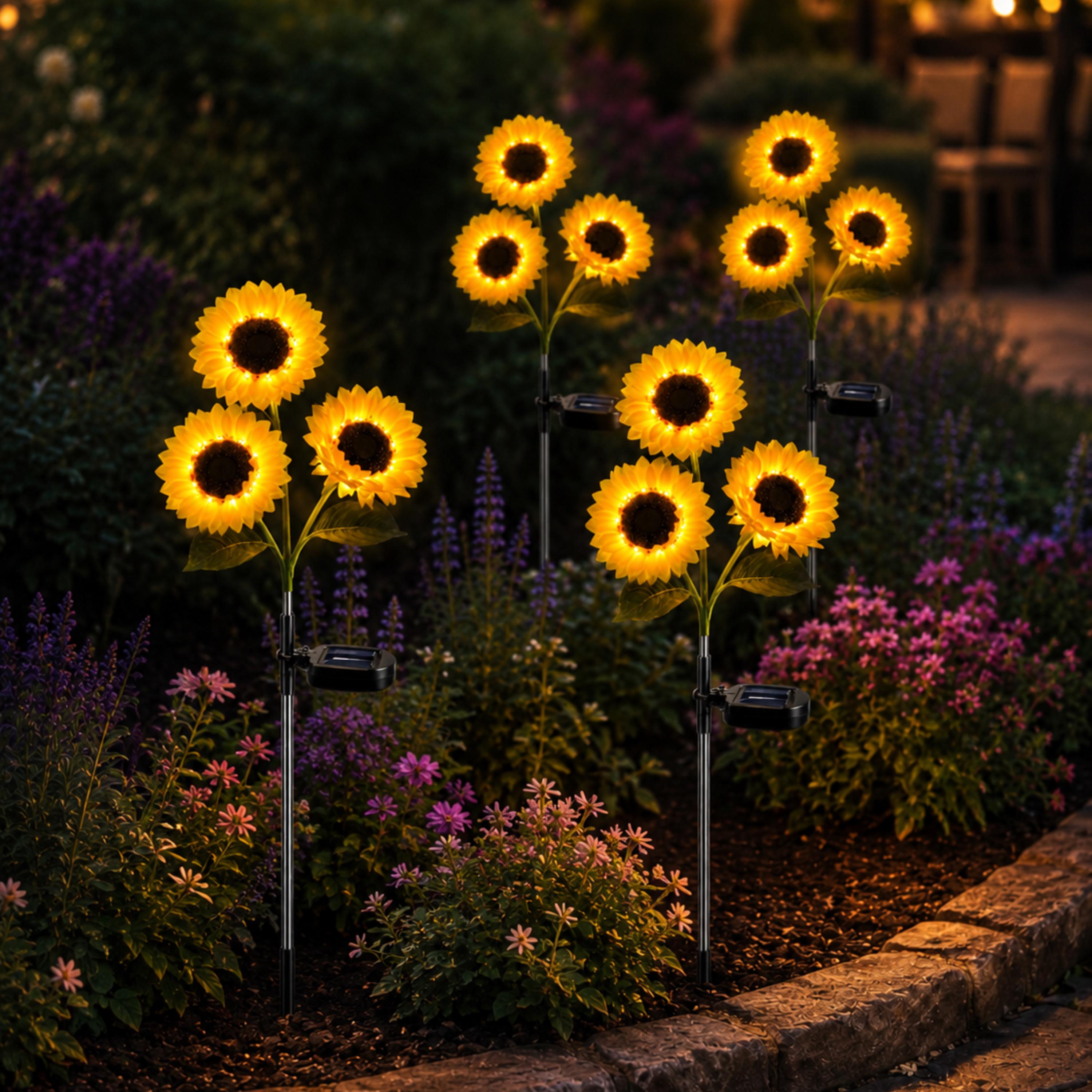 Four solar sunflower stakes illuminating a colorful flower bed