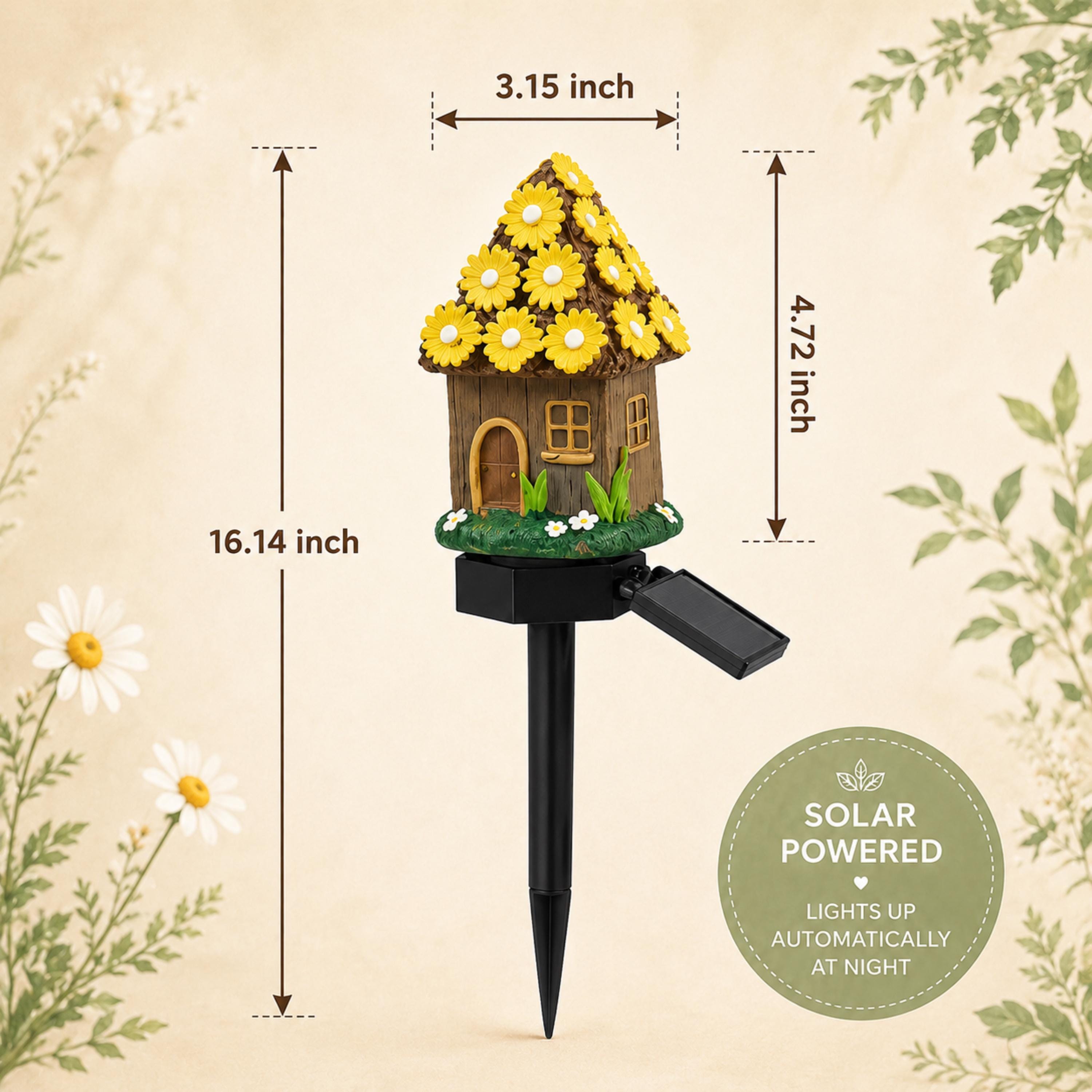Yellow sunflower-roof solar fairy house light size guide