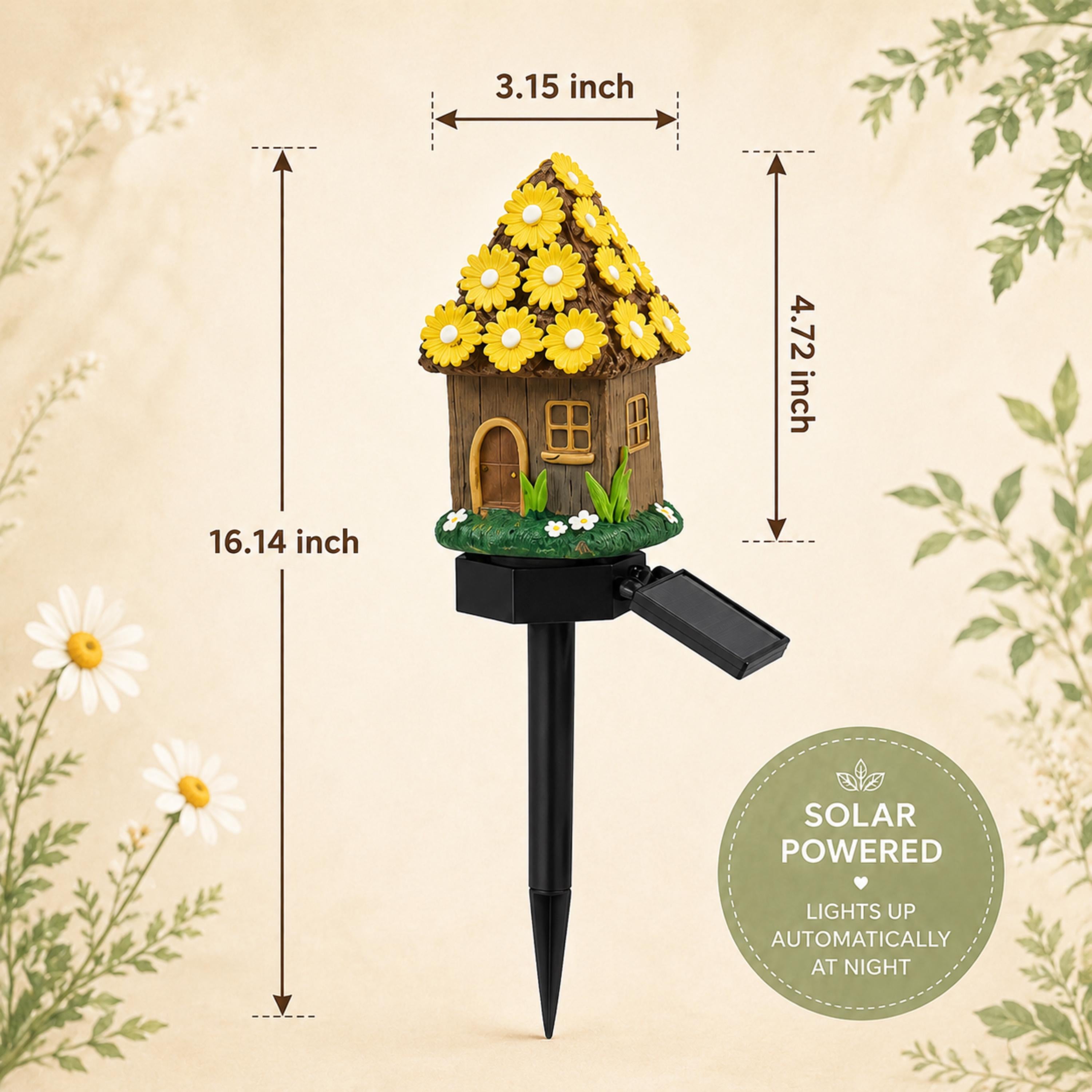 Yellow sunflower-roof solar fairy house light size guide