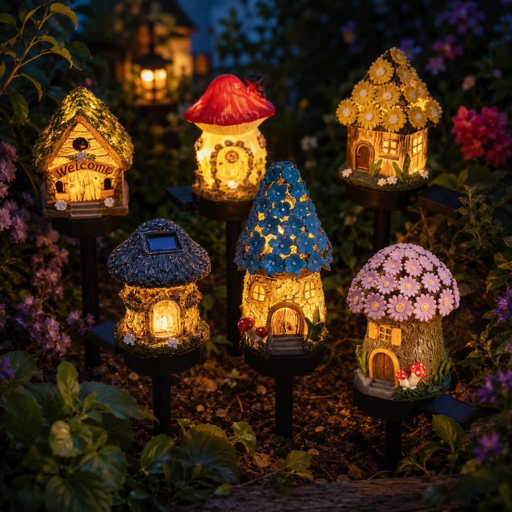 Mixed solar mushroom and cottage lights in a flower garden