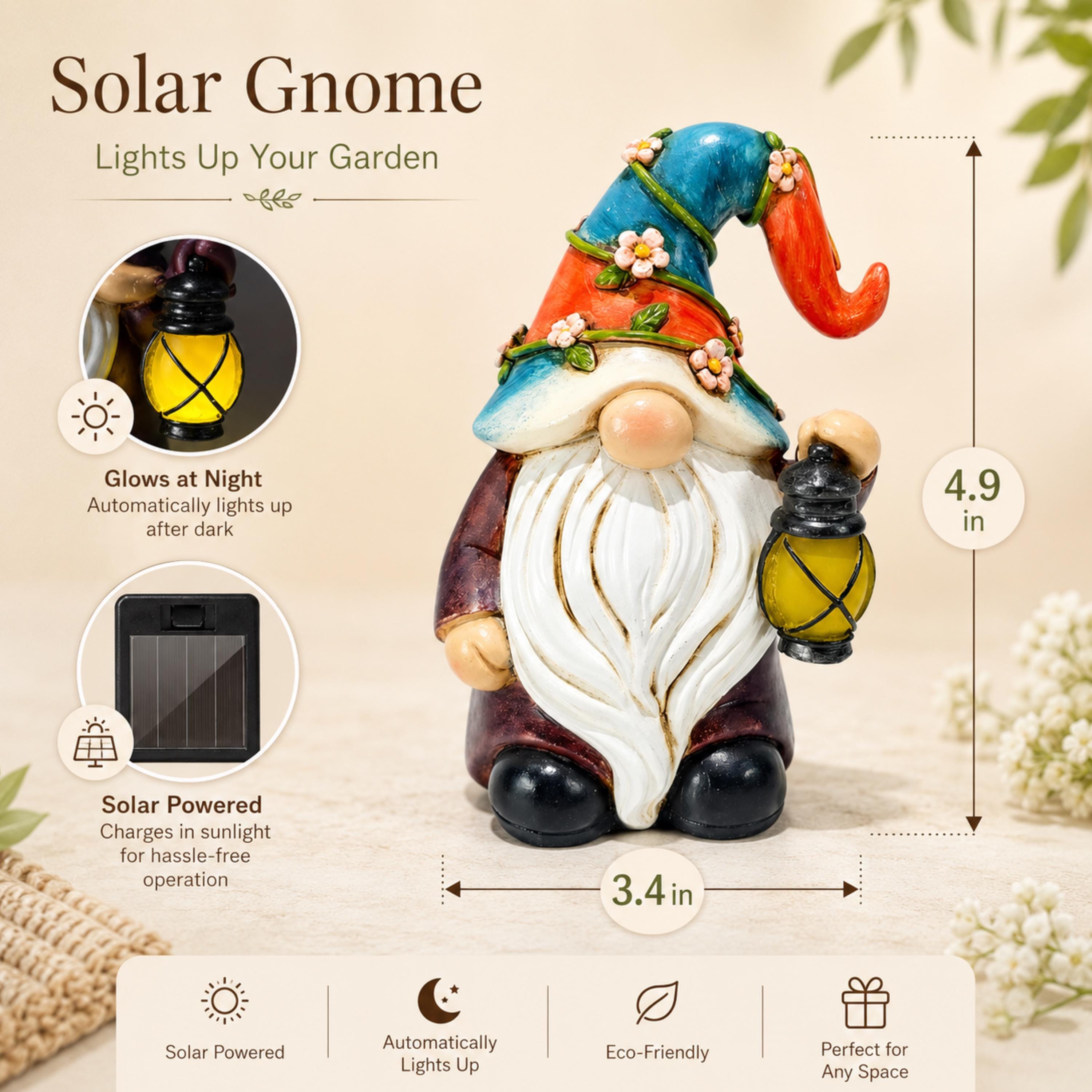 Size and feature guide for 4.9-inch mini solar gnome