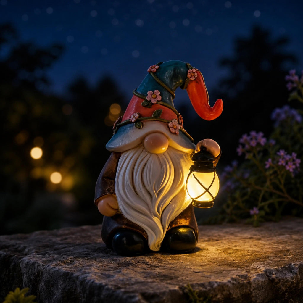 Small solar gnome lantern glowing on a stone garden ledge