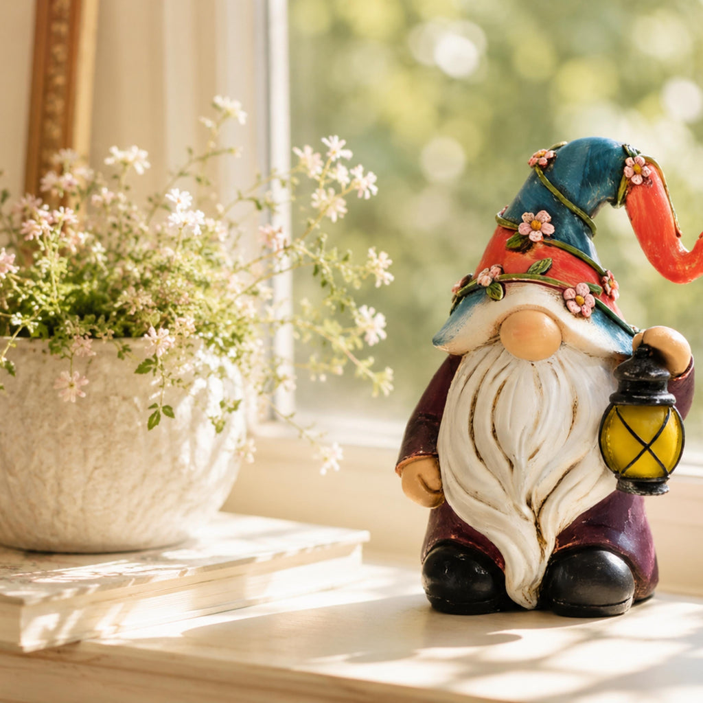Small solar gnome displayed on a bright indoor windowsill