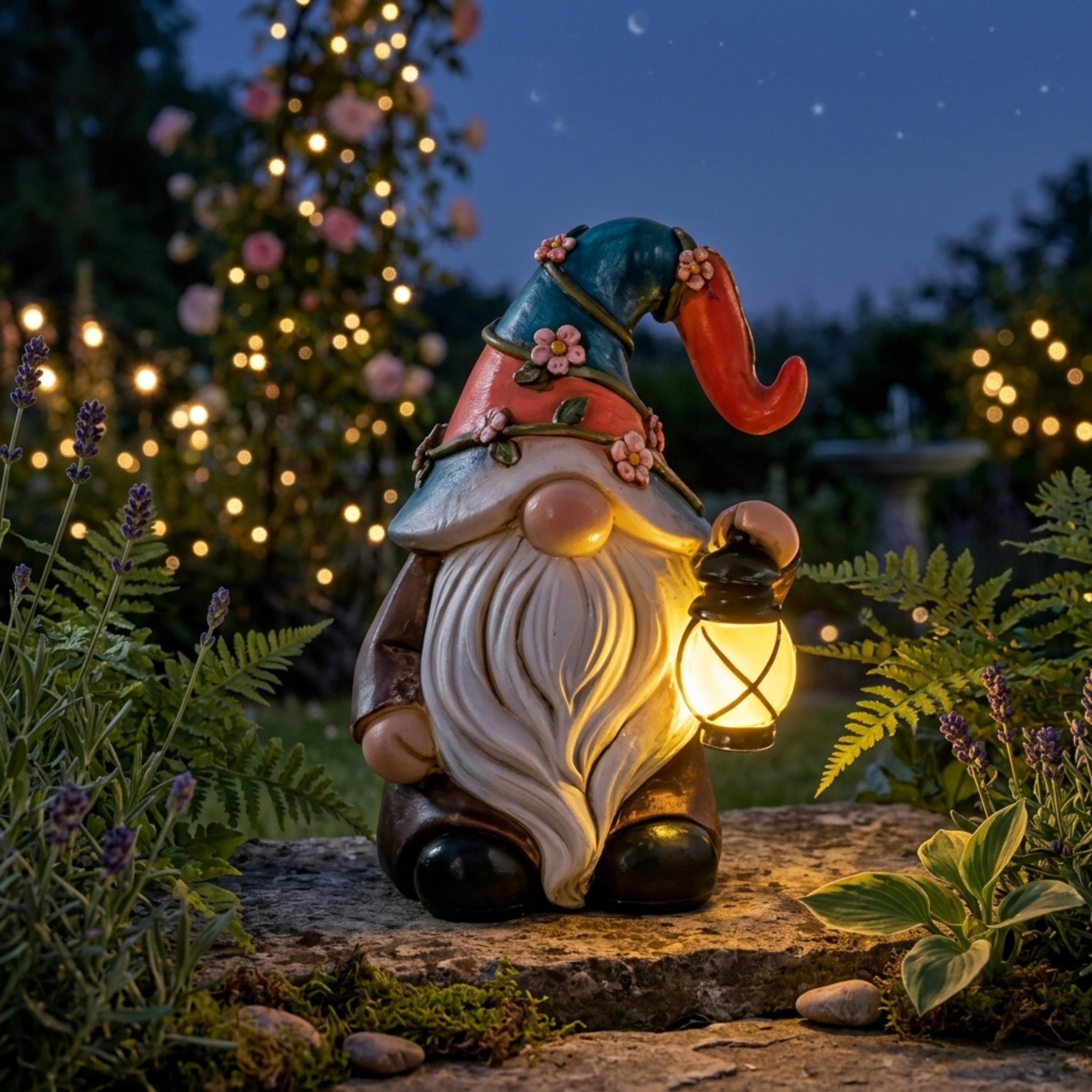 Mini solar garden gnome holding a glowing yellow lantern at dusk