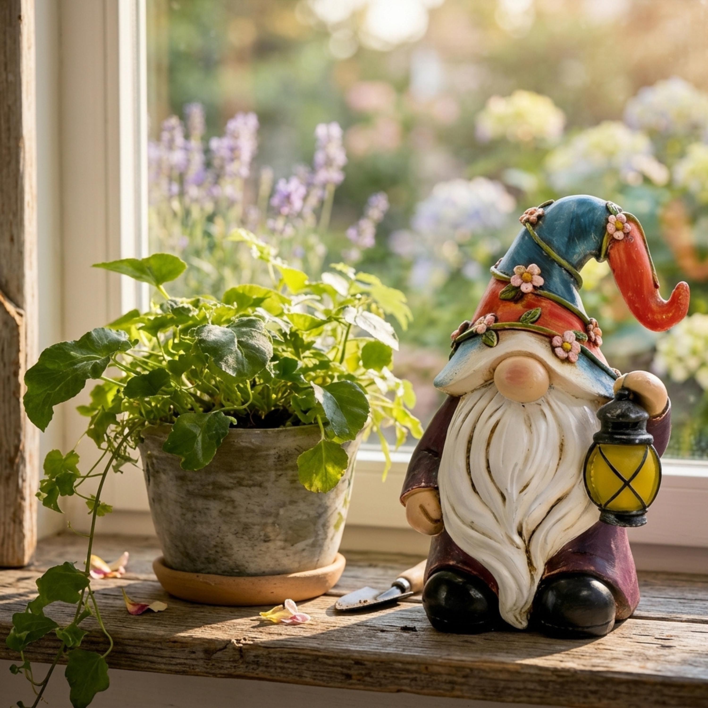 Small solar lantern gnome on a windowsill beside a potted plant