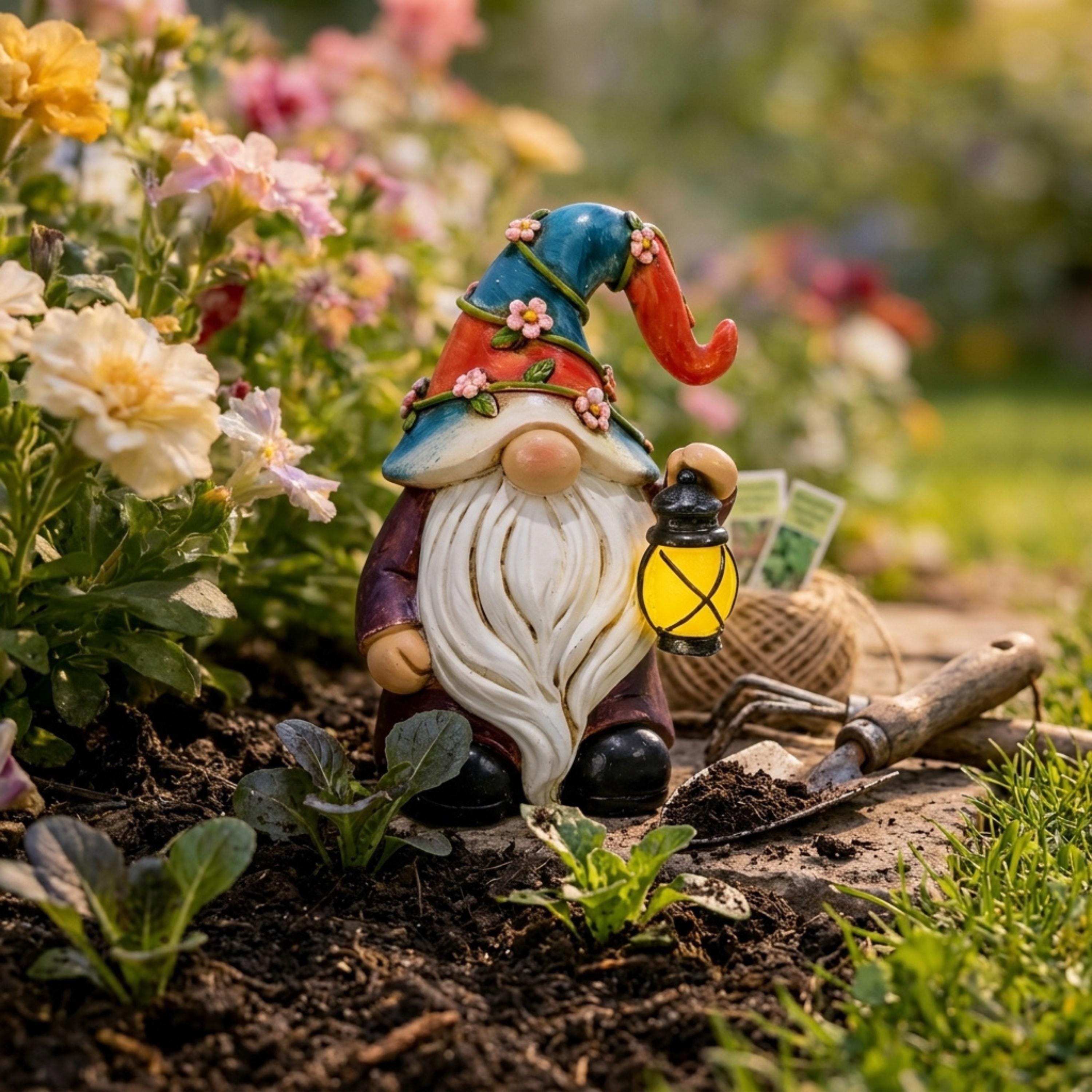 Small solar gnome with lantern beside flowers and garden tools