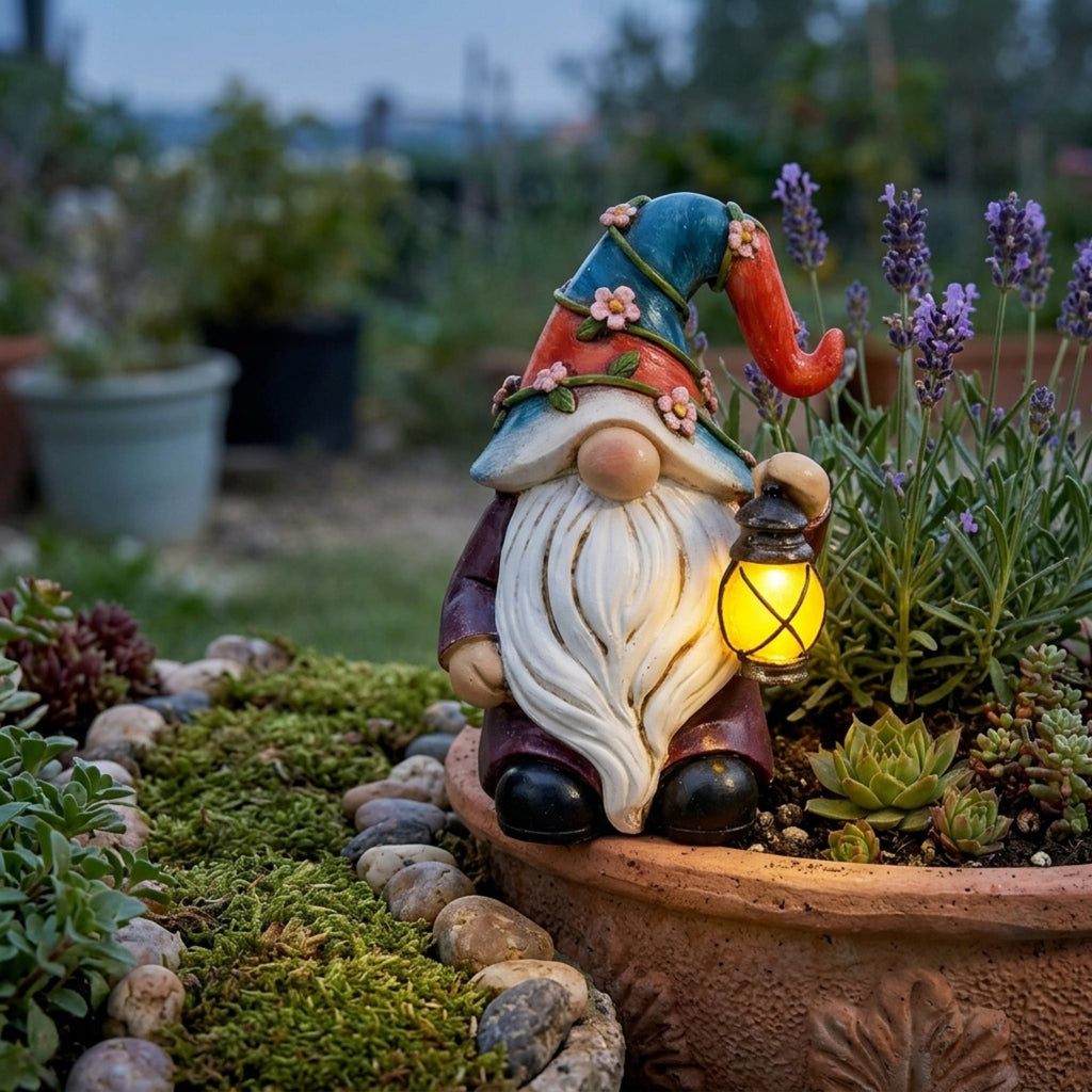 Mini lighted garden gnome displayed in a mossy planter