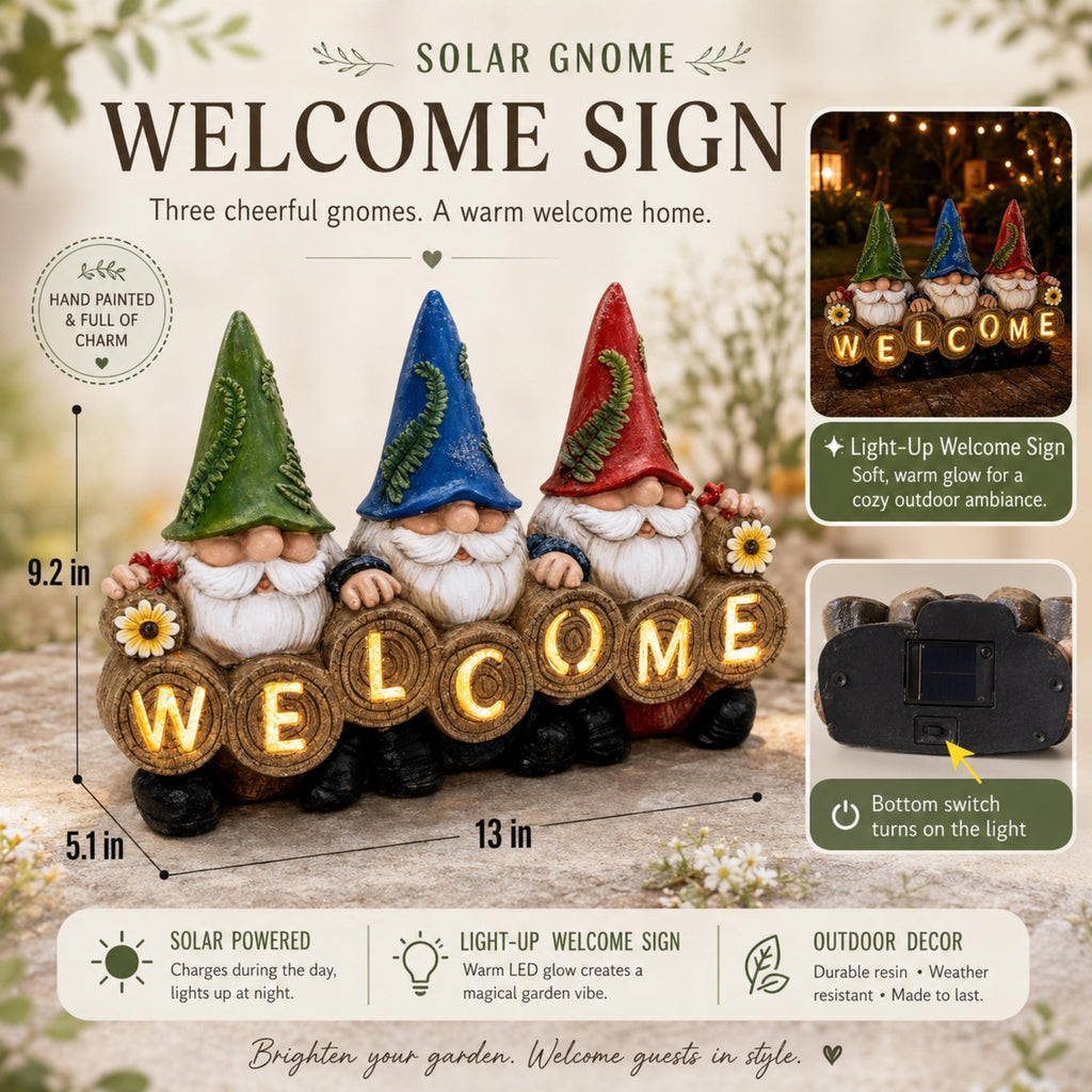 Size and feature guide for 13-inch solar gnome welcome sign