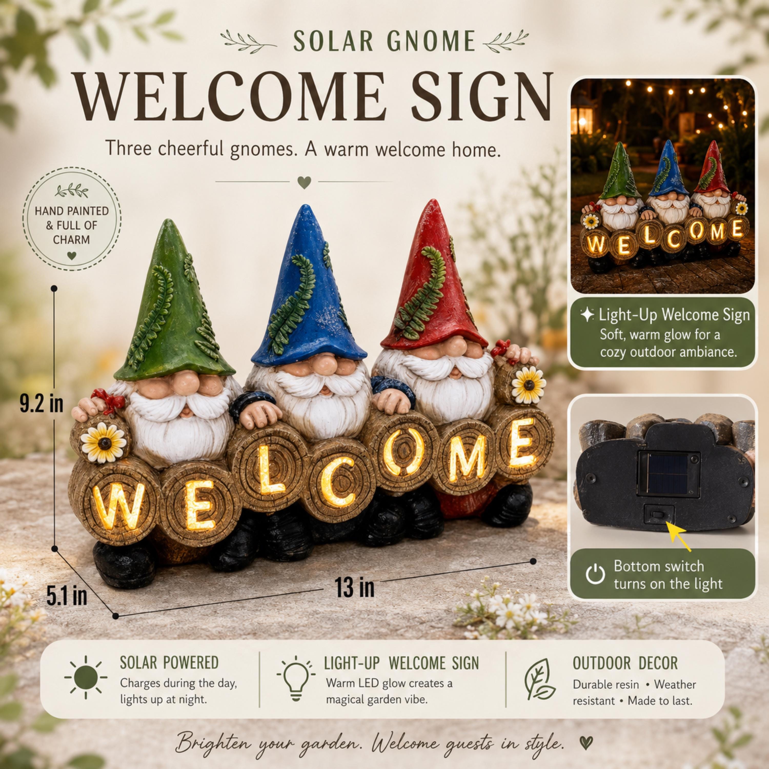 Size and feature guide for 13-inch solar gnome welcome sign