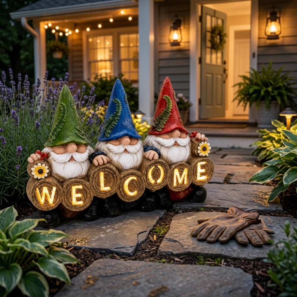 Solar gnome welcome sign glowing beside a front porch walkway