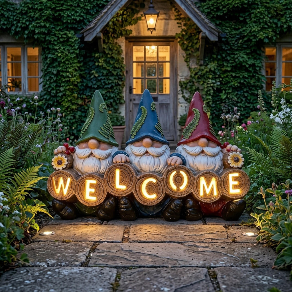 Lighted gnome welcome sign placed at a cottage garden entrance